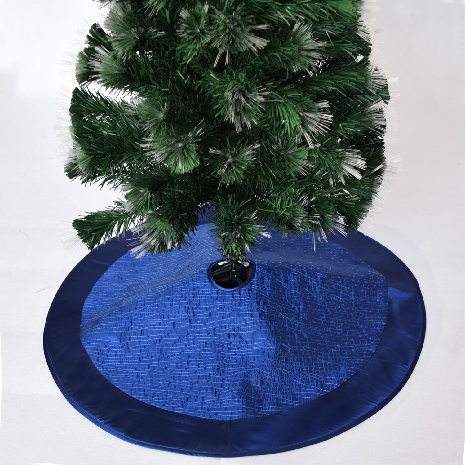 Blue Sparkle Glitter Sequin Blingbling Center, Faux Silk Satin Border Christmas Tree Skirt,Xmas Christmas Holiday Party Decoration-50inch
