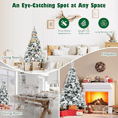Miniatura 22 de Goplus Árbol de Navidad artificial flocado de nieve de 6 pies, árbol de Navidad con bisagras con soporte de metal plegable, bayas blancas y flores