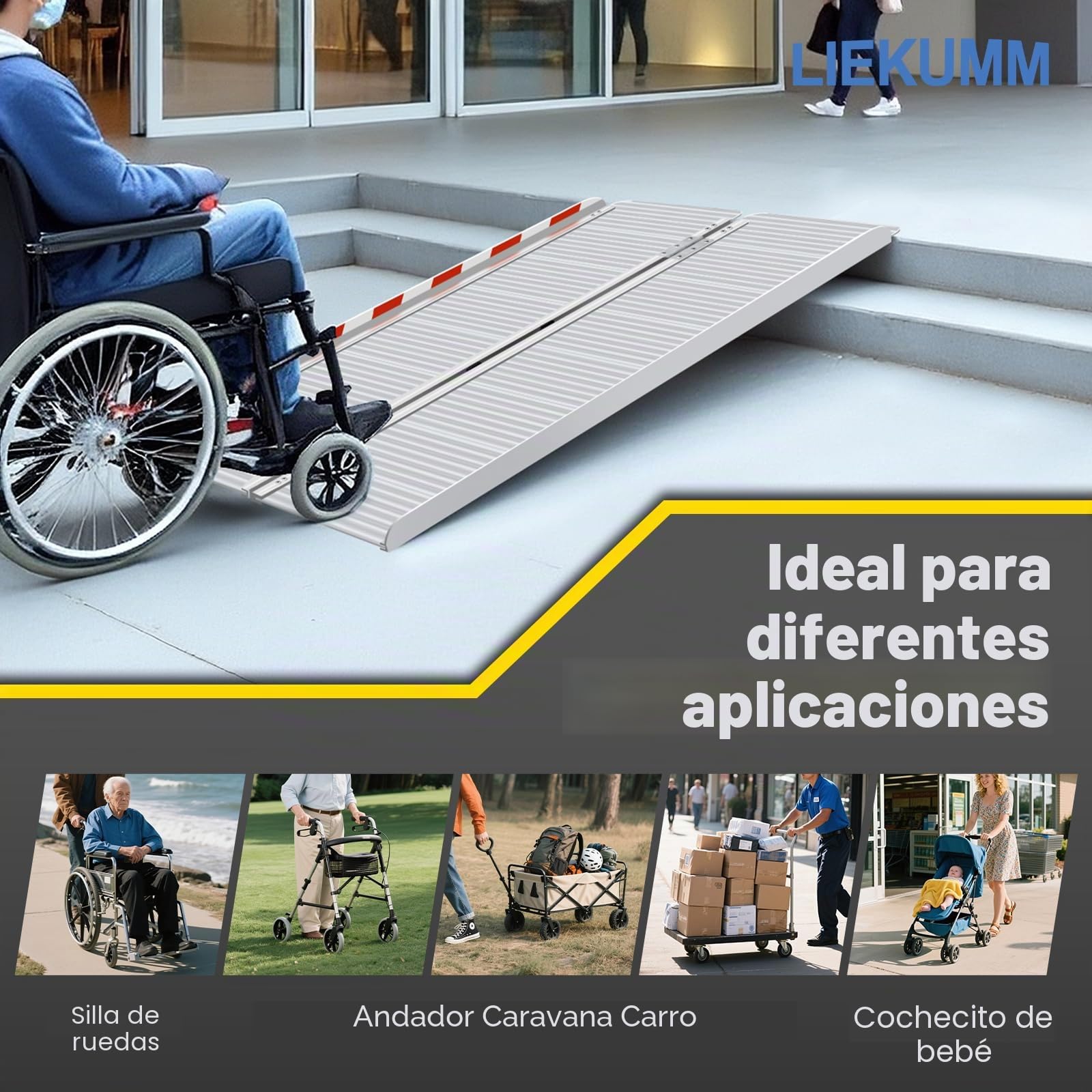 LIEKUMM Rampas para Sillas de Ruedas Plegable, 61 cm con Capacidad de Carga de 300 kg Rampa para Sillas de Ruedas, Rampa de Aluminio para Sillas de Ruedas, Escalones, Bordillos y Cochecitos de Niños