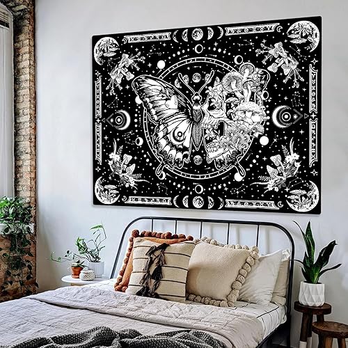Miniatura 4 de Tapiz de esqueleto y mariposa, diseño de calavera en blanco y negro, diseño de hongos, tapiz estético hippie para colgar en la pared para