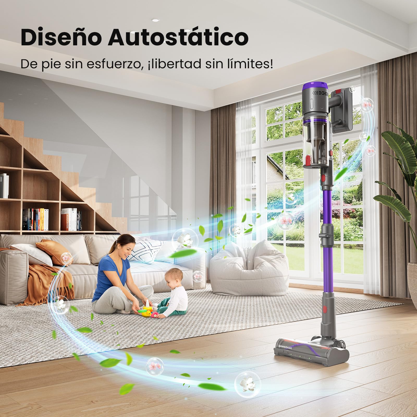 Aspiradora Sin Cable 58000Pa/600W/75Min, Escoba Aspiradora sin Cable Potente con Brazo Flexible, Manguera Extensible de 1m, Srotolatore di Peli di Animali, para Suelo/Alfombra/Pelo de Animal