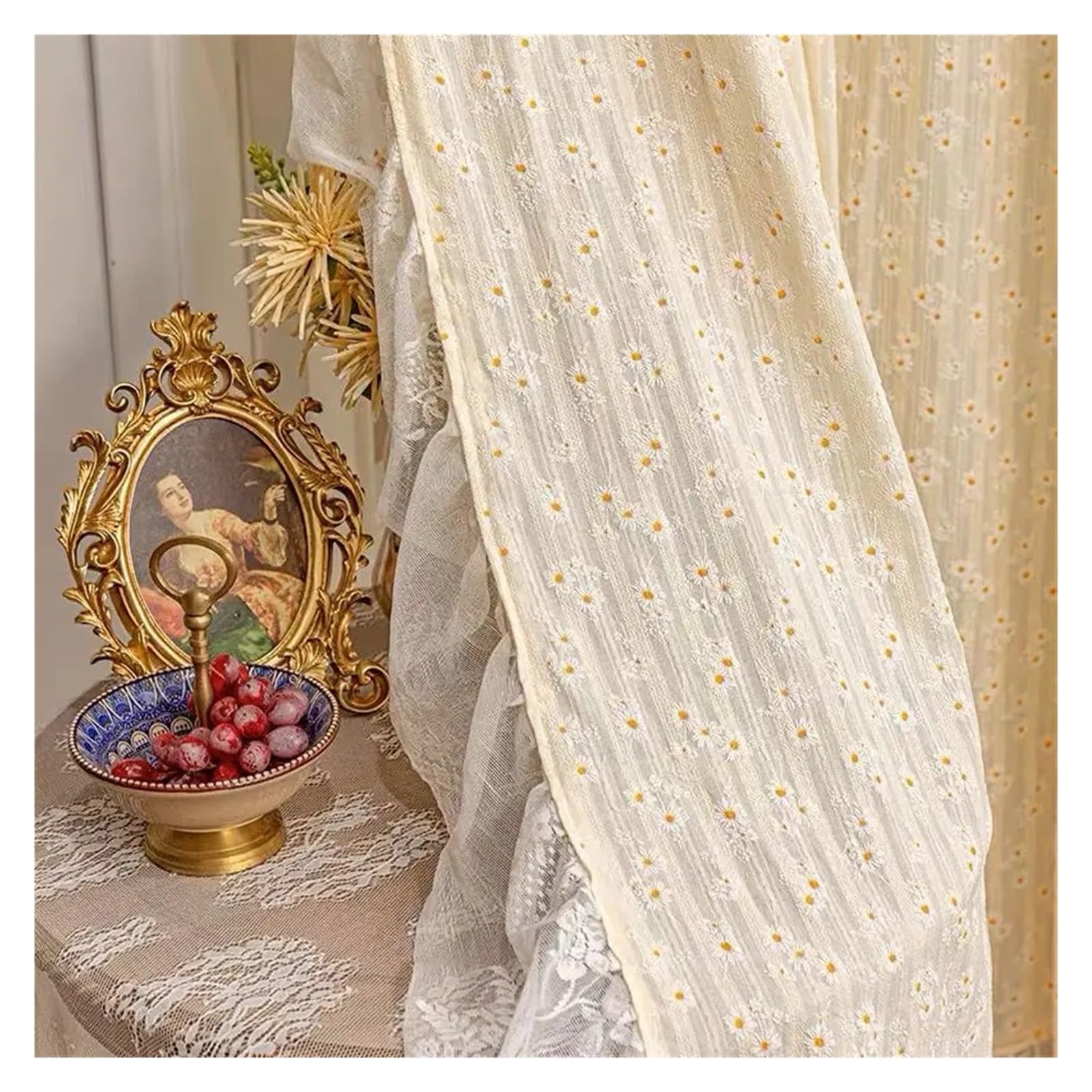 WWPMNQD Ruffled Curtains Light Yellow Daisy Vintage Ruffle Lace Flower Semi Blackout Curtains Cotton Linen Window Door Cabinet Drapes For Bedroom for Bedroom(1PC W140 x H240cm)