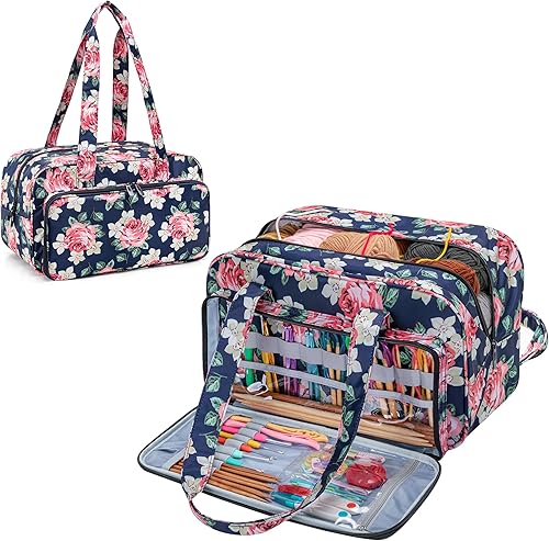 Teamoy Bolsa de tejer, organizador de almacenamiento de hilo grande, bolsa de ganchillo de viaje, bolsa de almacenamiento de hilo para agujas de