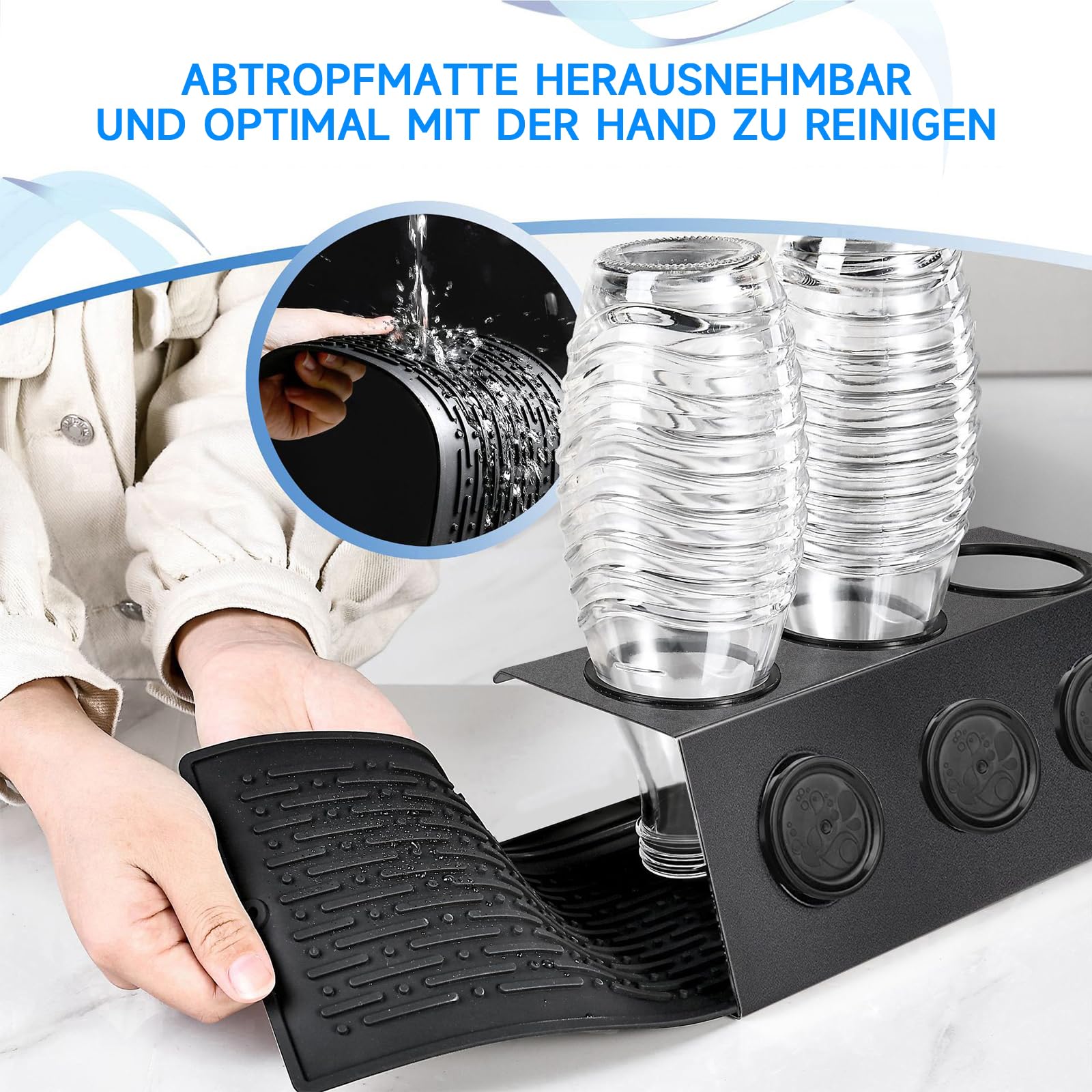 Flaschenhalter für SodaStream, 3er Abtropfhalter aus Edelstahl Abtropfständer mit Herausnehmbare Abtropfwanne und Deckelhalter, Abtropfständer für SodaStream Crystal und Emil Flaschen