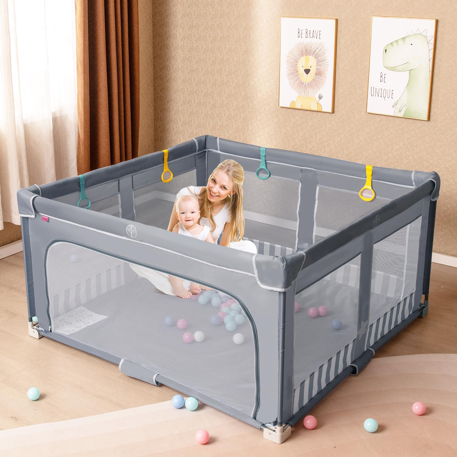 COSTWAY Parc Bebe Pliable avec 50 Balles Océaniques, 150 x 150 x 76,5 cm, Parc Enfant sans BPA pour Tout-petits, Filet Respirant, Portail Zippé, 4 Anneaux de Traction, Clôture Large en Oxford (Gris)
