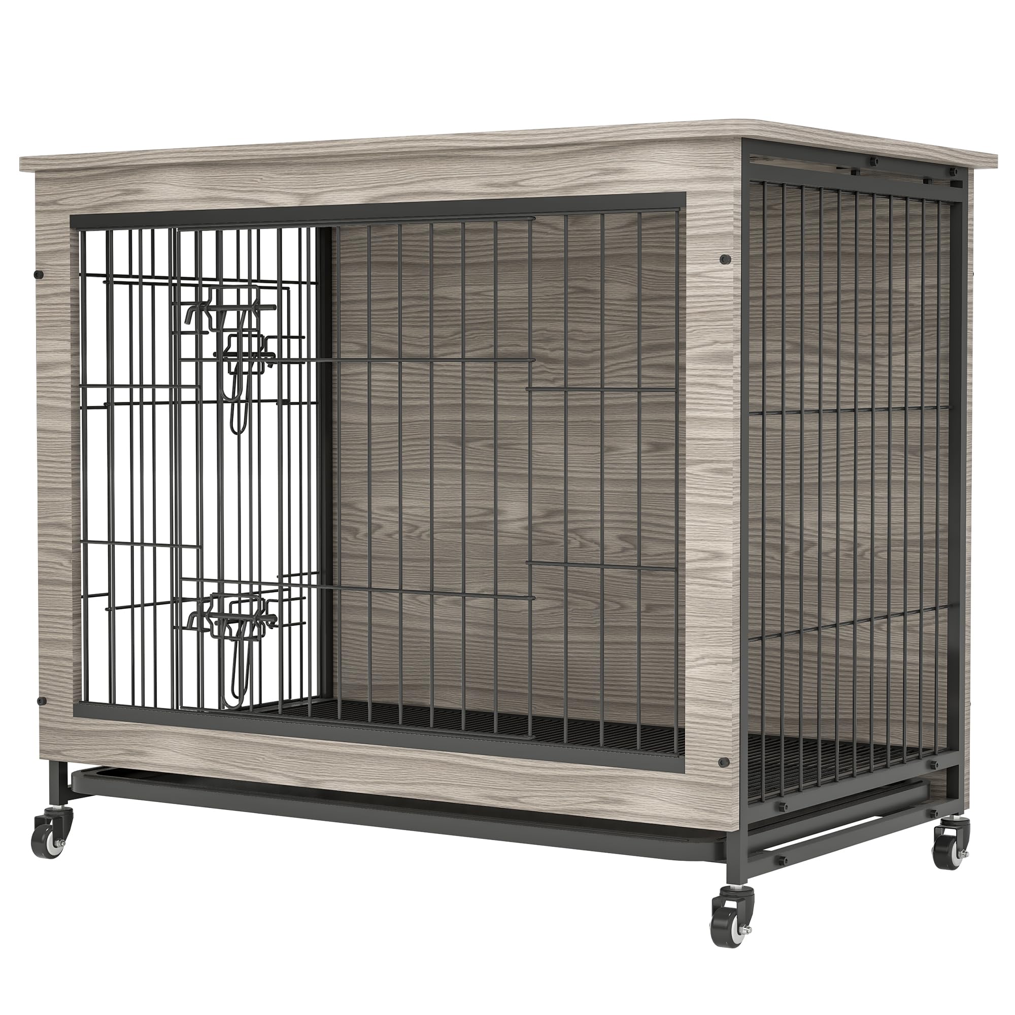 Okak Dog Crate Furniture with Cushion Wooden Heavy-Duty Dog Kennel with Side and Flip-Up Openings on Casters Decorative Pet House Dog Cage Side End Table Indoor for Medium/Large Dog,Grey,23.6" W