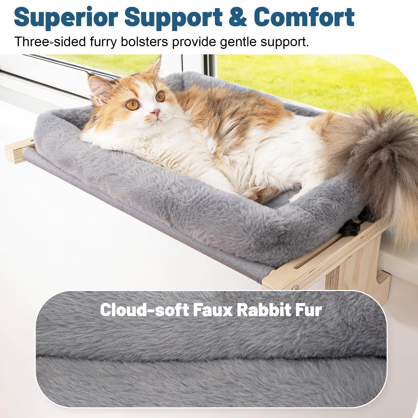 Fensterstange für Katzenschweller, Rahmen aus 100 % natürlichem Kiefernholz, weiches Kaninchenfellkissen, werkzeuglose Anpassung, unterstützt 22,7 kg (groß-grau)