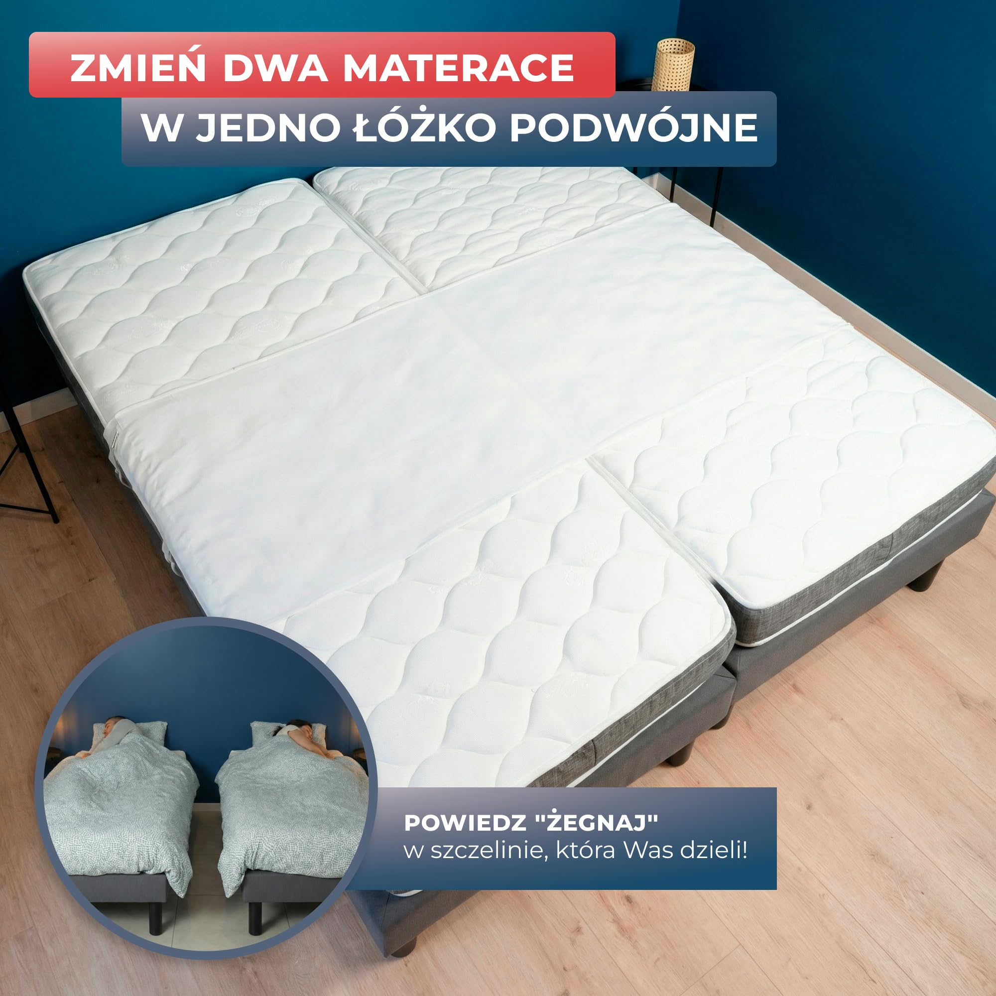 Wrappybag – Uniwersalny łącznik do materacy z pasami – Łączy dwa materace bez przesuwania i szczelin – Oddychająca tkanina OEKO-TEX – Szybki i trwały montaż