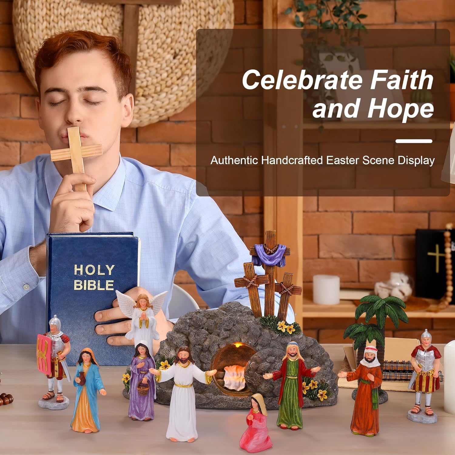 Fovths 12 Pieces LED Easter Scene and Cross Decoration Easter Resin Tabletop Decorations Resurrection of Jesus Statue Jesus Nativity Scene Decorations for Christian Figurines Home Office Tabletop