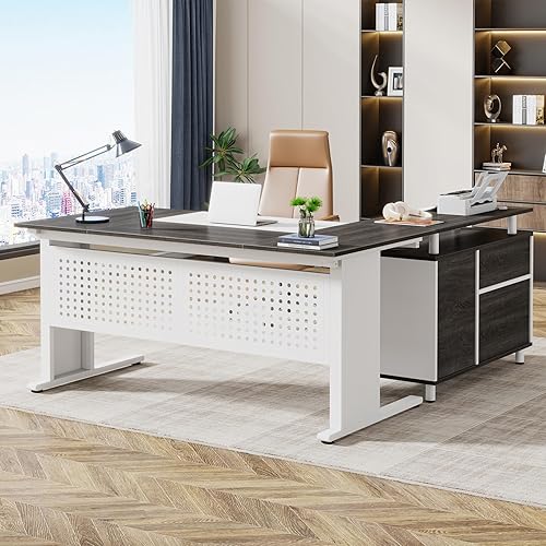 Miniatura 12 de Tribesigns Escritorio ejecutivo de 63 pulgadas con archivador, escritorio de oficina en forma de L con cajones y estantes de almacenamiento, juego