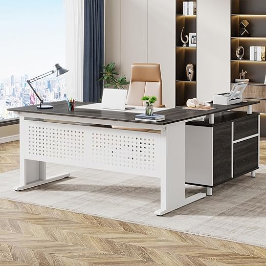 Tribesigns 63 Inch Executive Desk with File Cabinet, L Shaped Office Desk with Drawers and Storage Shelves, Business Furniture Set Workstation for Home Office, Gray and White