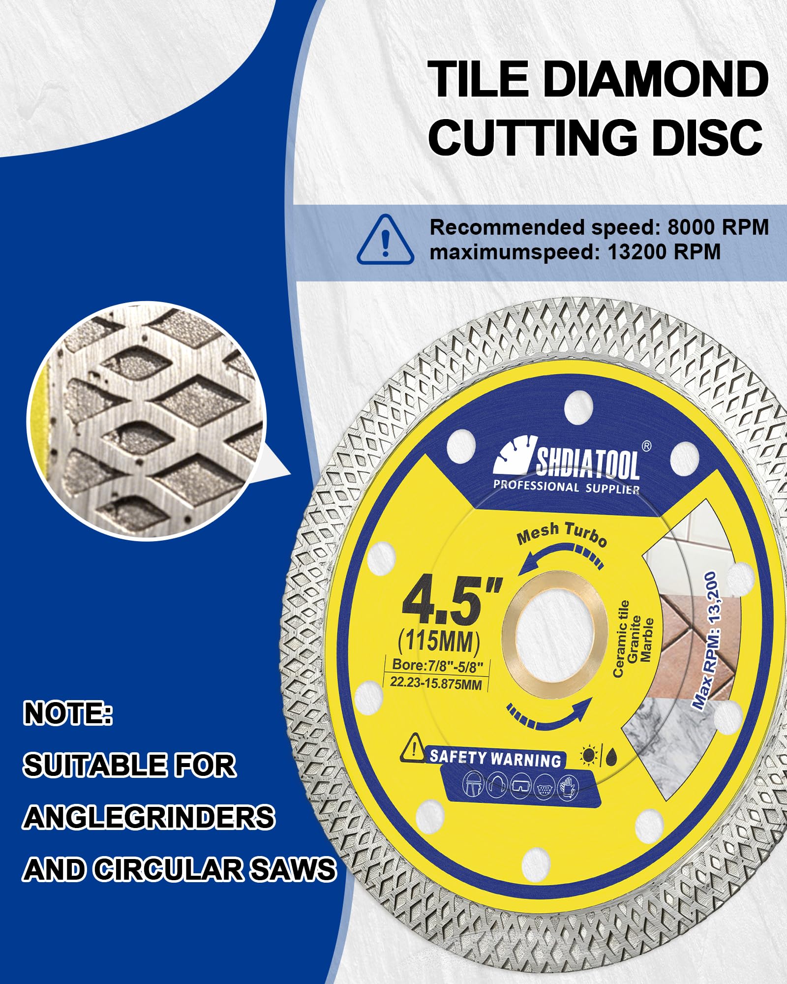 SHDIATOOL 5 lame diamantate per piastrelle da 10,5 cm, disco da taglio super sottile per smerigliatrice angolare, pergolato da 7/8", taglio a secco a umido, porcellana, ceramica, marmo, granito