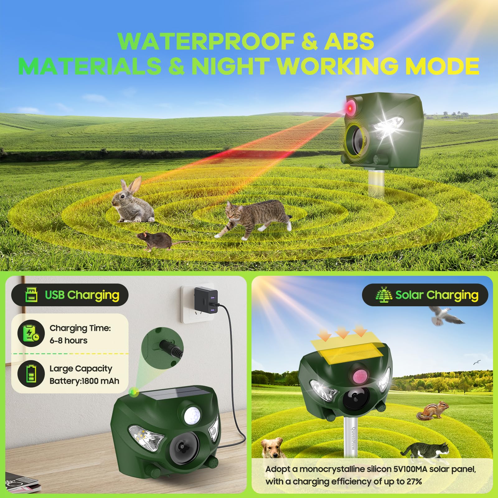Repulsif Chat Exterieur Solaire 26 Pieds Ultrason 5 Modes Alarme Sonore Lumières Flash