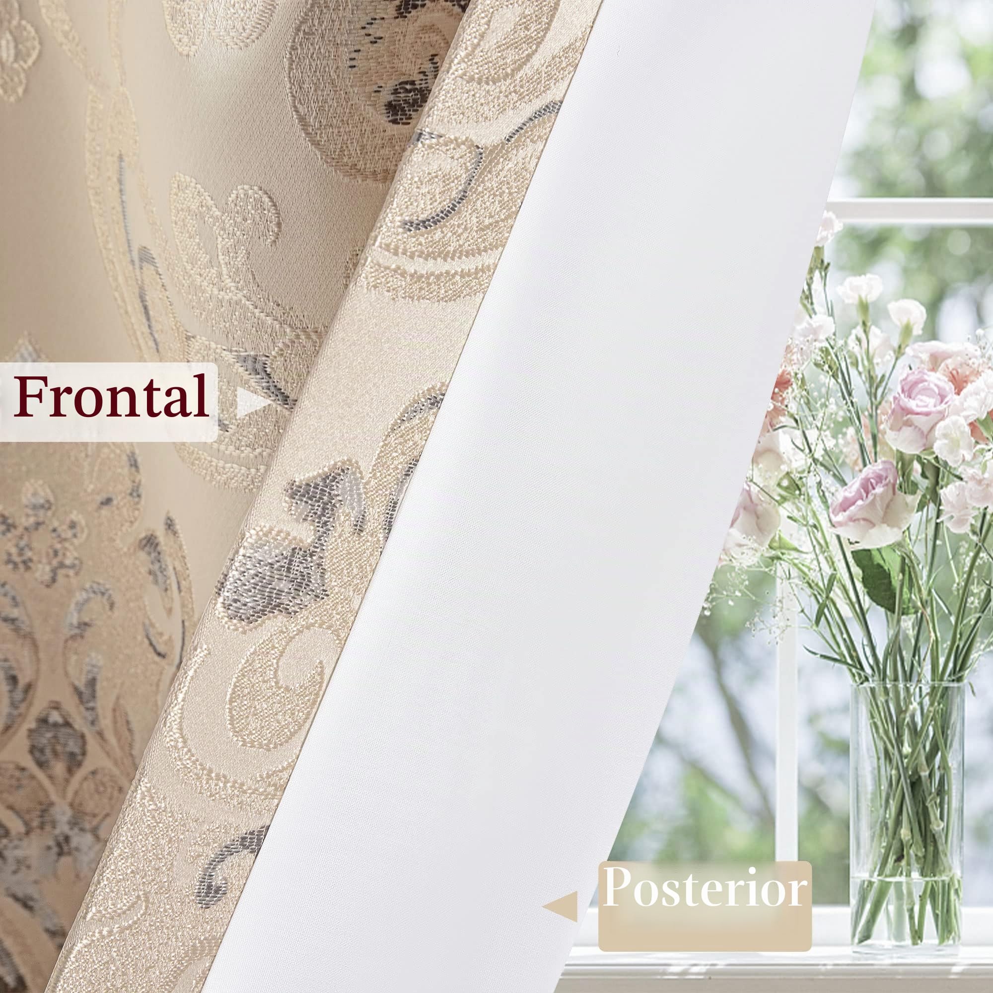 Cortinas Damasco para Ventanas, Cortinas Opacas 132x213cm para Dormitorio Salón Cocina, 2 Paneles con Cintas (Beige)