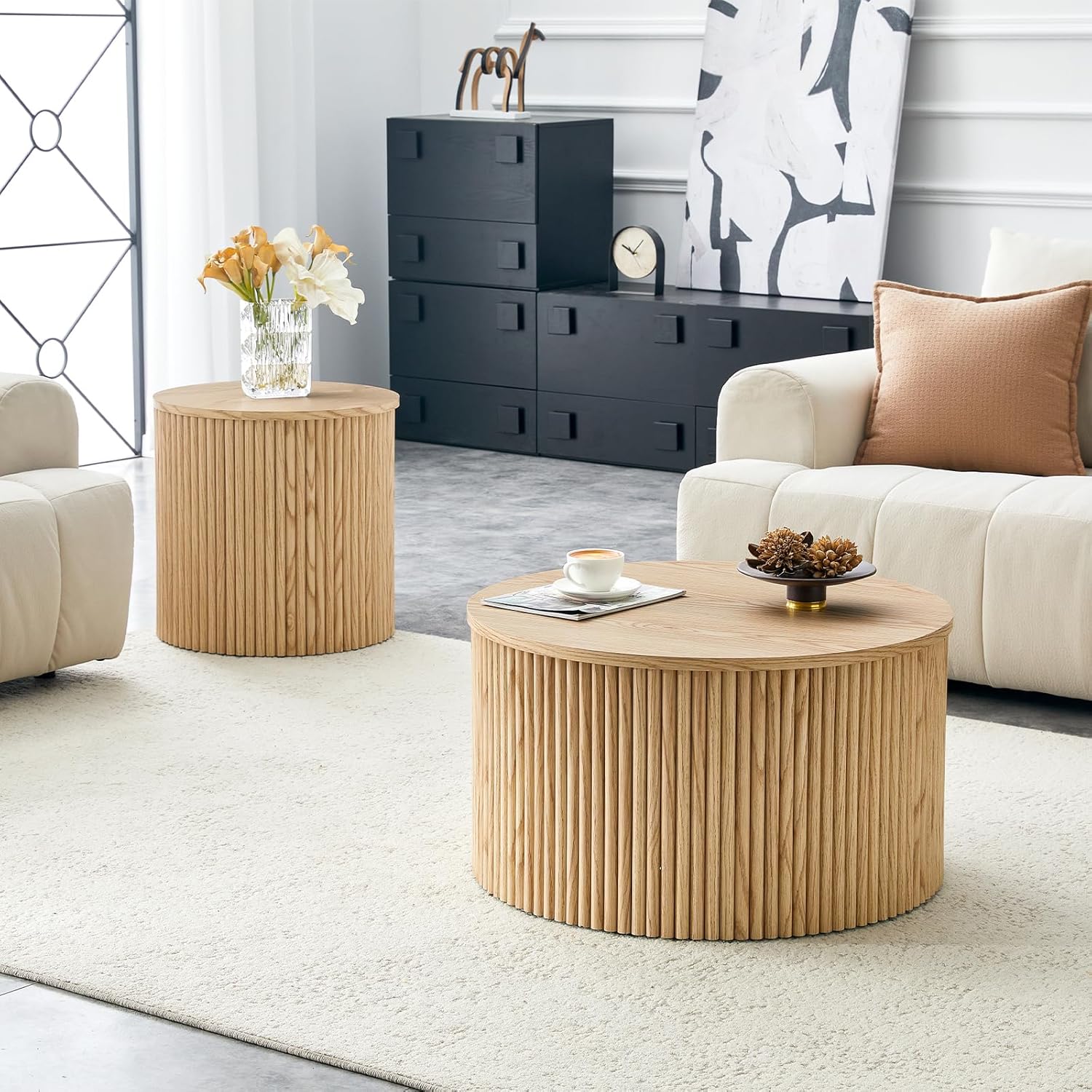 Round Nesting Coffee Tables Set of 2, Modern Fluted Coffee Table with Storage, Round Center Table Side End Table with Storage for Living Room Office, 27.6in+19.7in, Natural Wood
