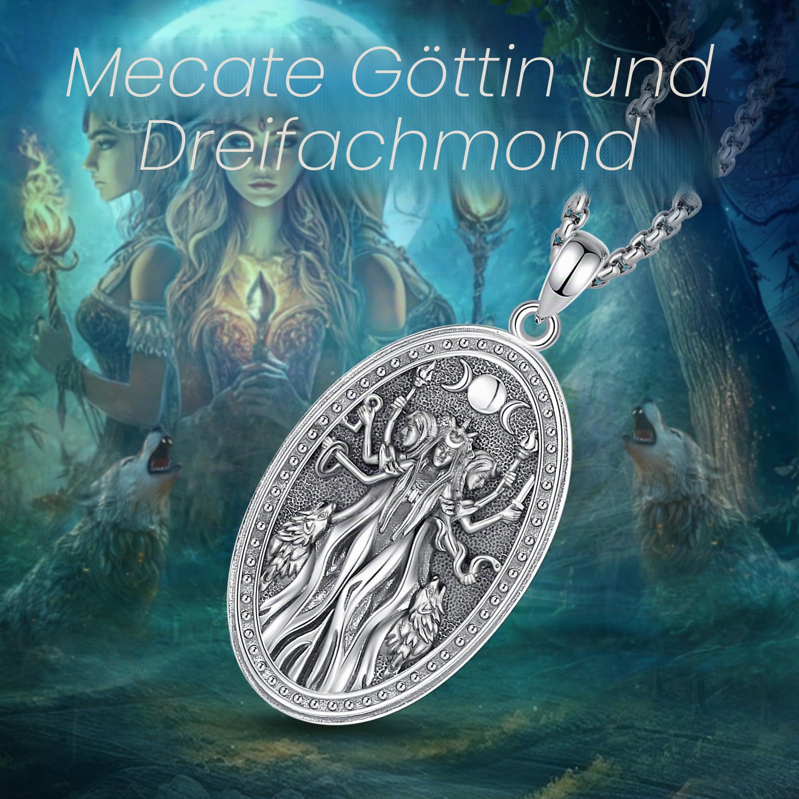 AEONSLOVE Hekate Göttin Medaille Silber 925 Göttin Lilith Kette für Damen, Hekate Rad Halskette Dreifache Mondgöttin Anhänger, Hexen Schmuck