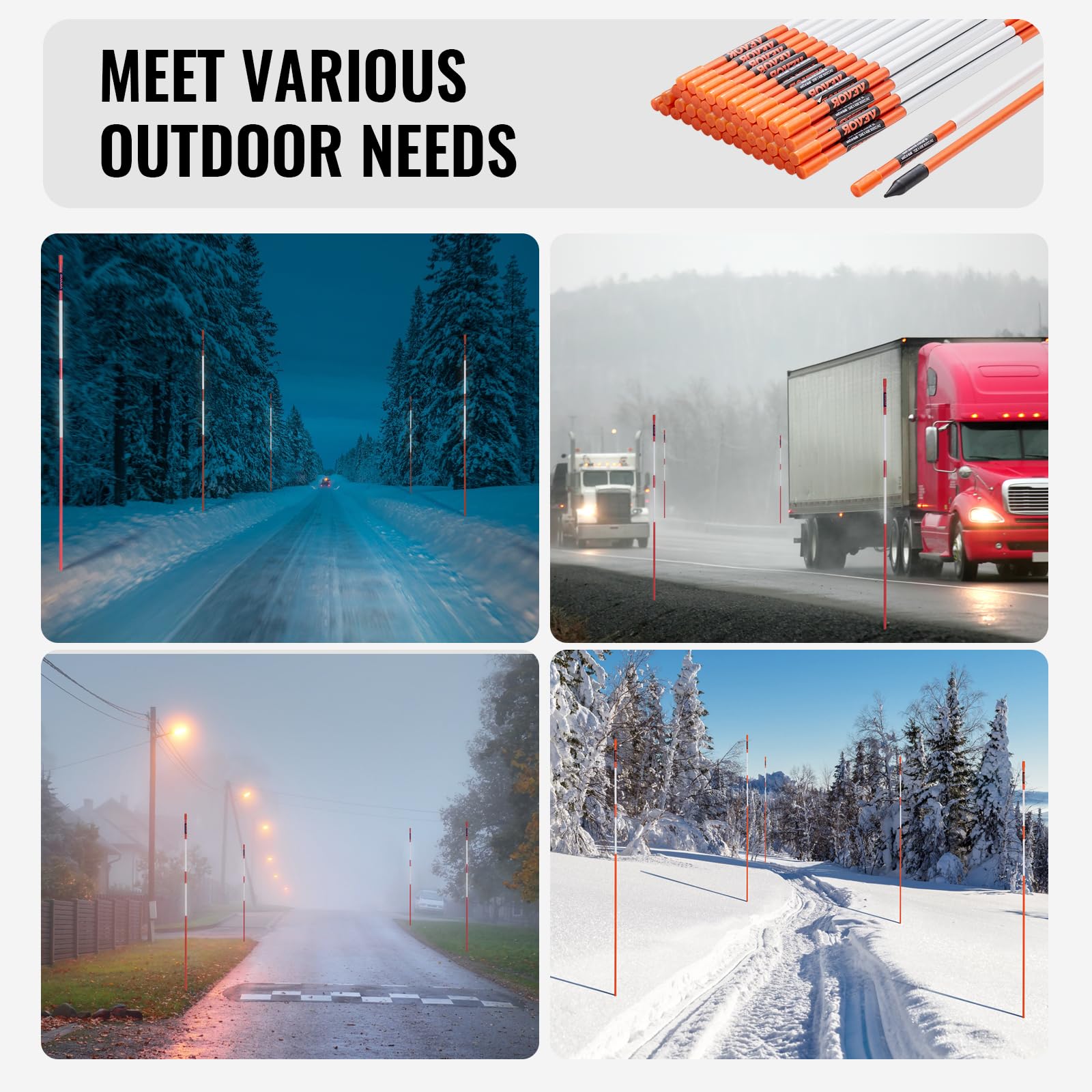 VEVOR 50er-Set Schneestangen 47,8 Zoll (121,5 cm) Auffahrtstangen orange UV-beständige Beschichtung Reflektierende Einfahrtsmarkierung Inkl. 1 Paar Schutzhandschuhe und 1 extralangen Stahlbohrer