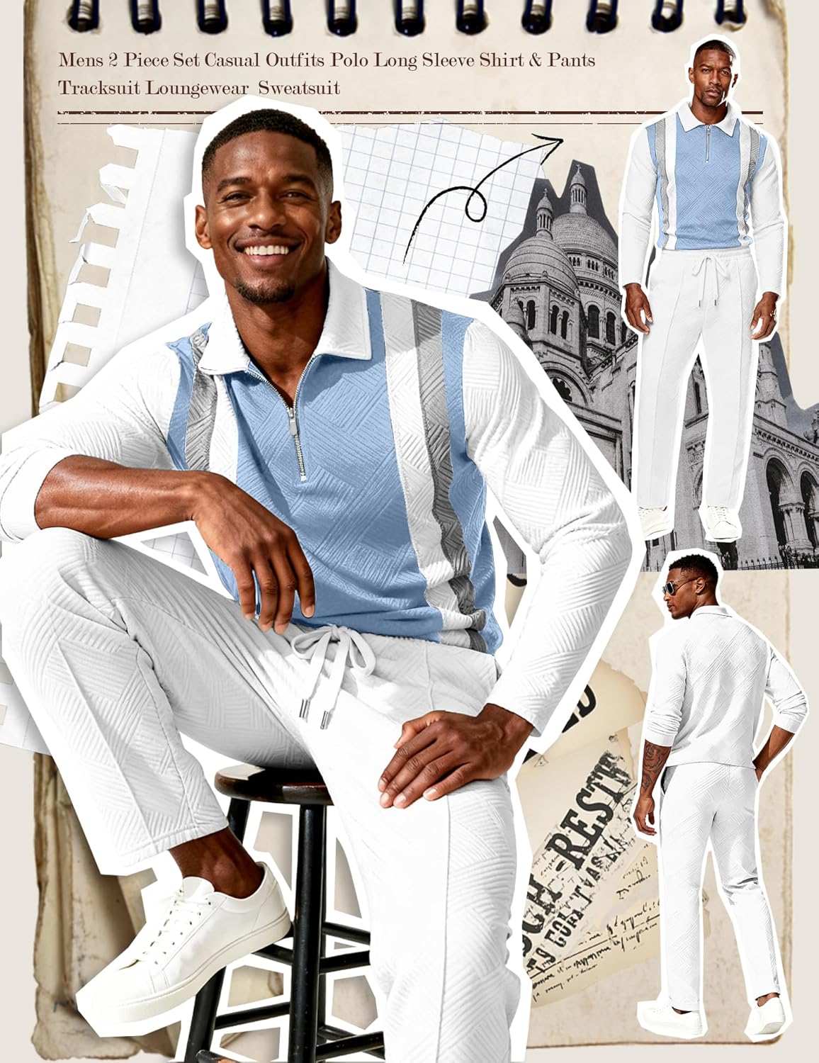 UOUA Mens 2 Piece Set Casual Outfits 1/4 Zip Polo Long Sleeve Shirt & Pants Track Suit Loungewear Athletic Sweatsuit - Image 2