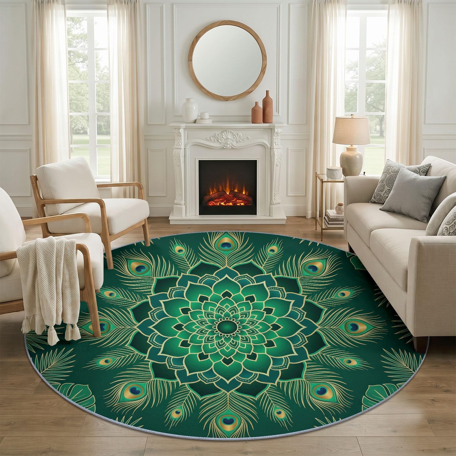 Mandala Tapis Rond Salon 150 cm, Plantes Tropicales Feuilles De Palmier Plumes De Paon Antidérapant Poils Courts Tapis De Sol Ronds Décoration, pour Salon Chambre Cuisine Balcon Terrasse, Vert