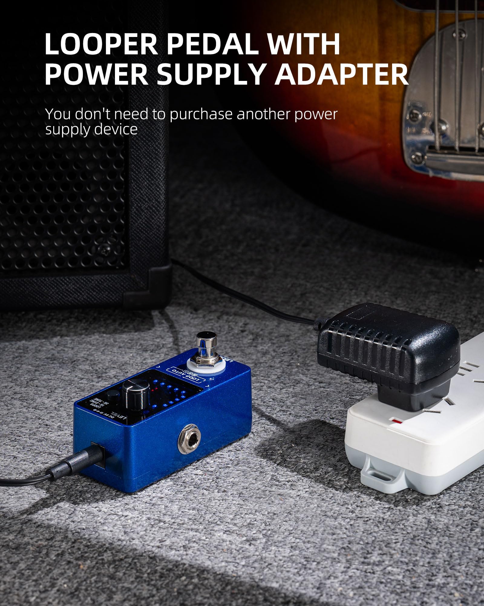 LEKATO Pedal Looper de guitarra, con adaptador de fuente de alimentación de 9 V 0,6 A, pedal de bucle de efecto con función de sincronización y afinador, pedal Looper para guitarra eléctrica, 3 bucles