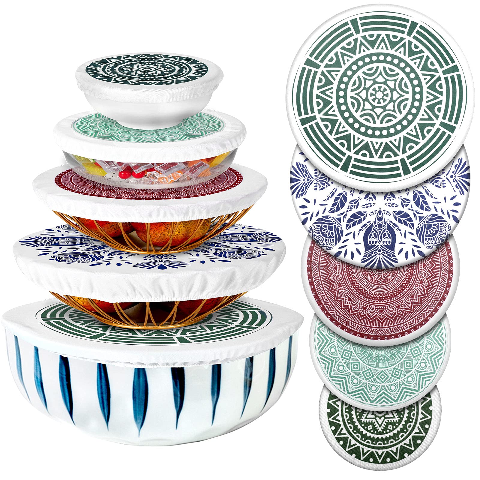Patelai 10 Pcs Bowl Covers Reusable in 5 Size Fabric Stretch Dish Covers