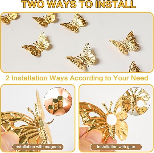 Miniatura 6 de 12 calcomanías magnéticas de mariposa dorada para nevera, decoración de pared de mariposa de metal 3D, bonita habitación de niños, hogar,