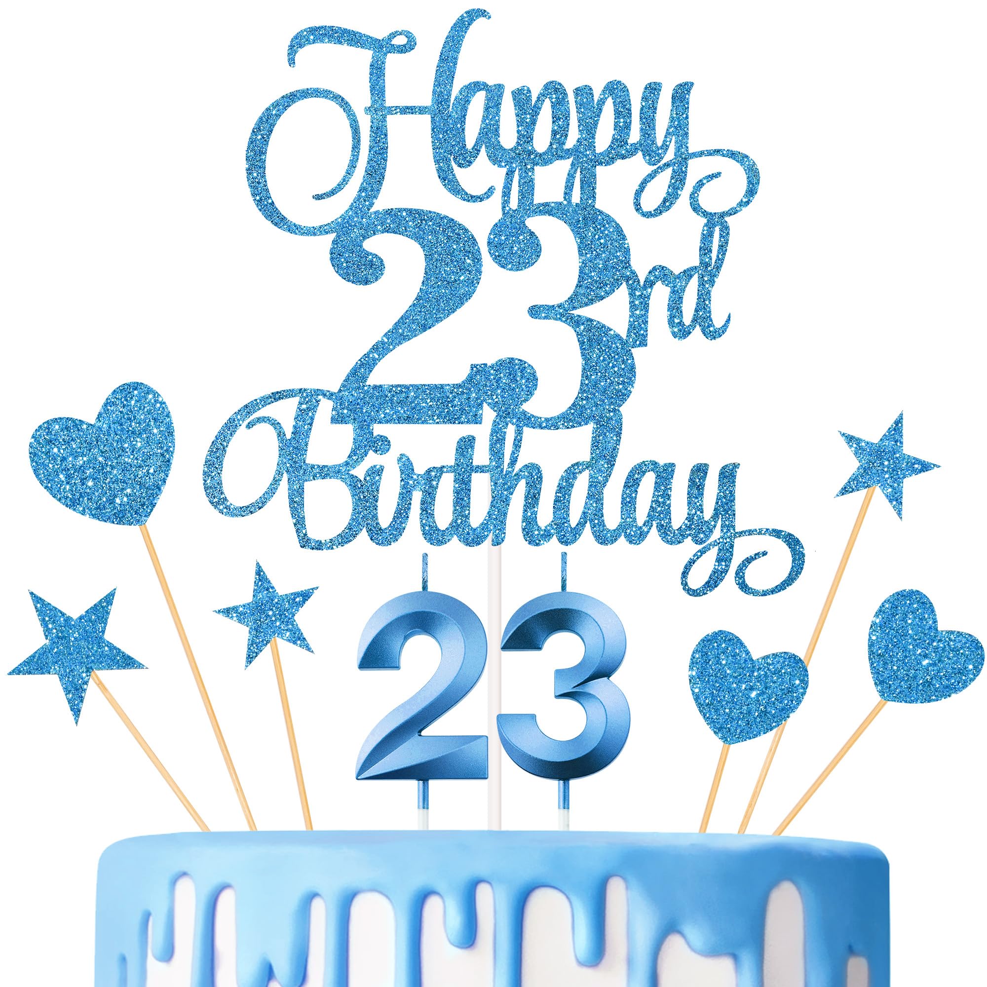 23rd Birthday Cake Toppers, 23rd Birthday Candles Numeral Candles and Glitter Cake Decorations Toppers Set for Party Supplies (Blue)