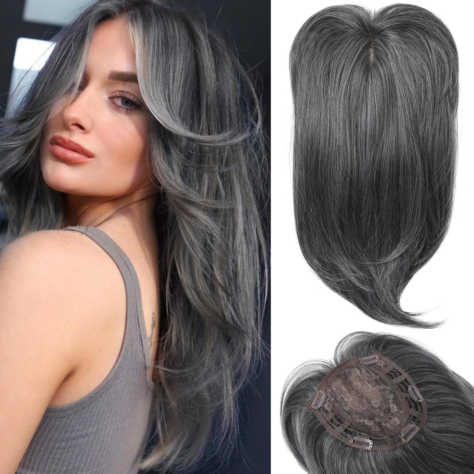 Photo 1 of HOOJIH Hair Topper, Long Layered Topper with Bangs for Women with Thinning Hair 14 Inch Slightly Curled Ends Wiglets Synthetic Fiber Pieces for Women - Dark Grey