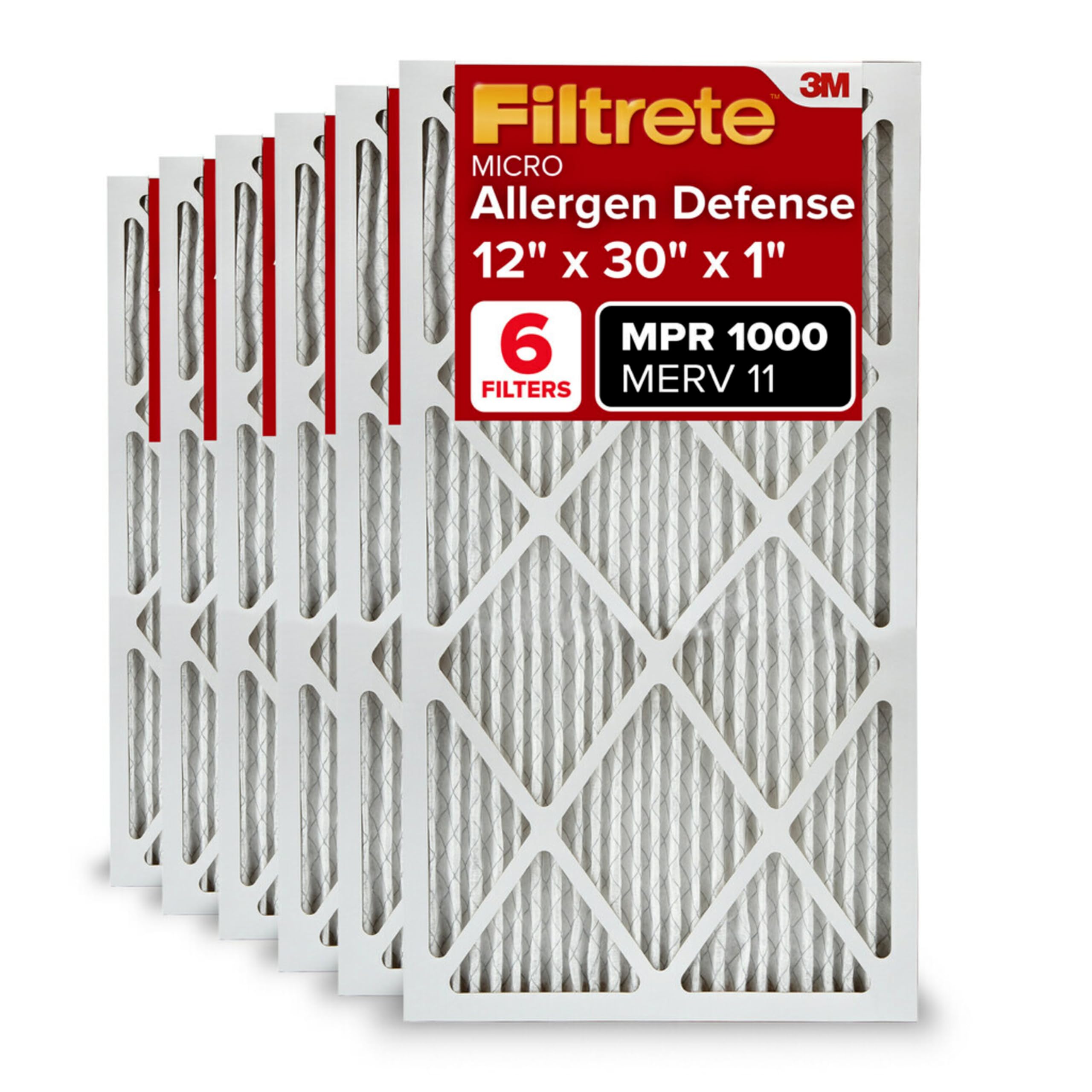 Filtrete 12x30x1 AC Furnace Air Filter, MERV 11, MPR 1000, Micro Allergen Defense, 3-Month Pleated 1-Inch Electrostatic Air Cleaning Filter, 6 Pack (Actual Size 11.81x29.81x0.81 in)