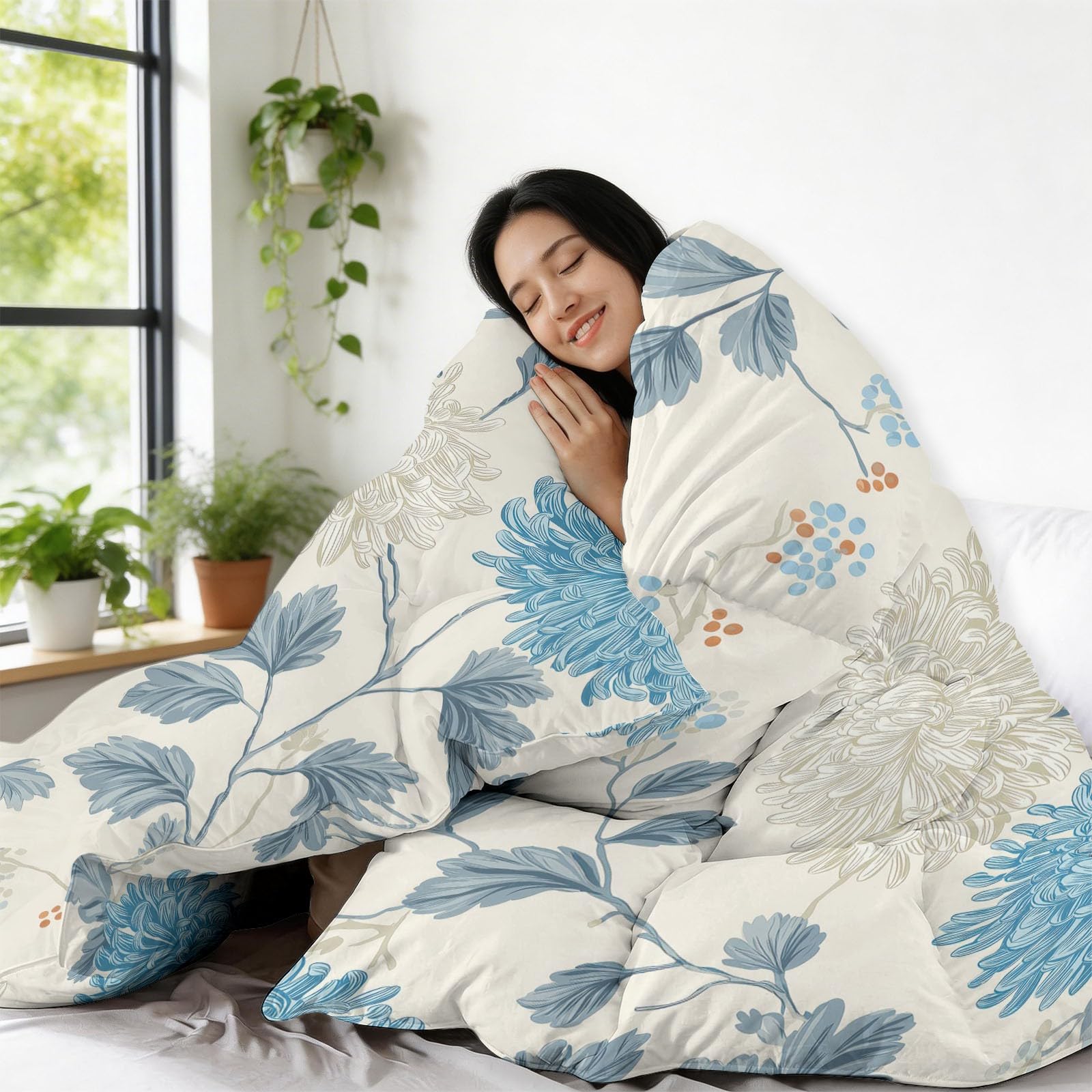 Piumone Invernale Matrimoniale 220 x 240 cm Motivo A Crisantemi Foresta Disegnato A Mano Trapunta in Ecopiuma 400 gr/mq, Caldo ed Elegante – Biancheria da Letto Anallergica e Traspirante, Crema