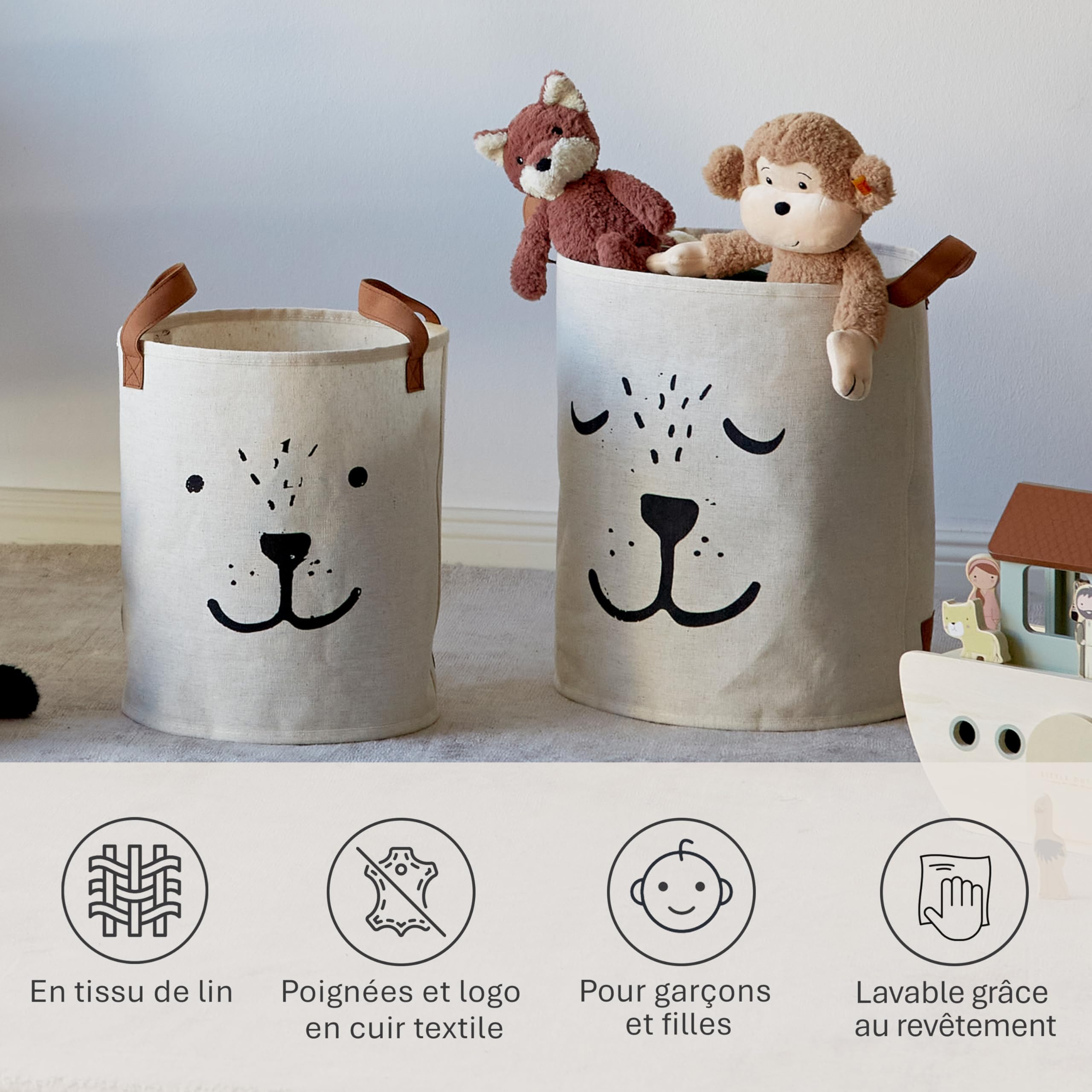 LOVE IT STORE IT - Premium - Lot de 2 Paniers de Rangement Polyvalents en Tissu avec Poignées, Intérieur Lavable, Beige – Pour Chambre d’Enfant, Salon et Salle de Bain