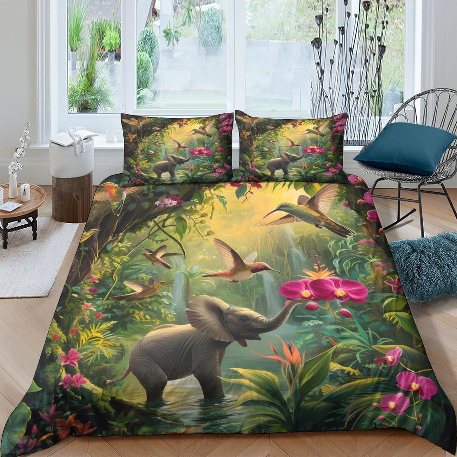 TUFRTGYHN 3D Printed Jungle Elephant Duvet Cover Set Microfiber Soft Breathable Rainforest Birds Bedding with 2 Pillowcases for Bedroom Decor Single（135x200cm）