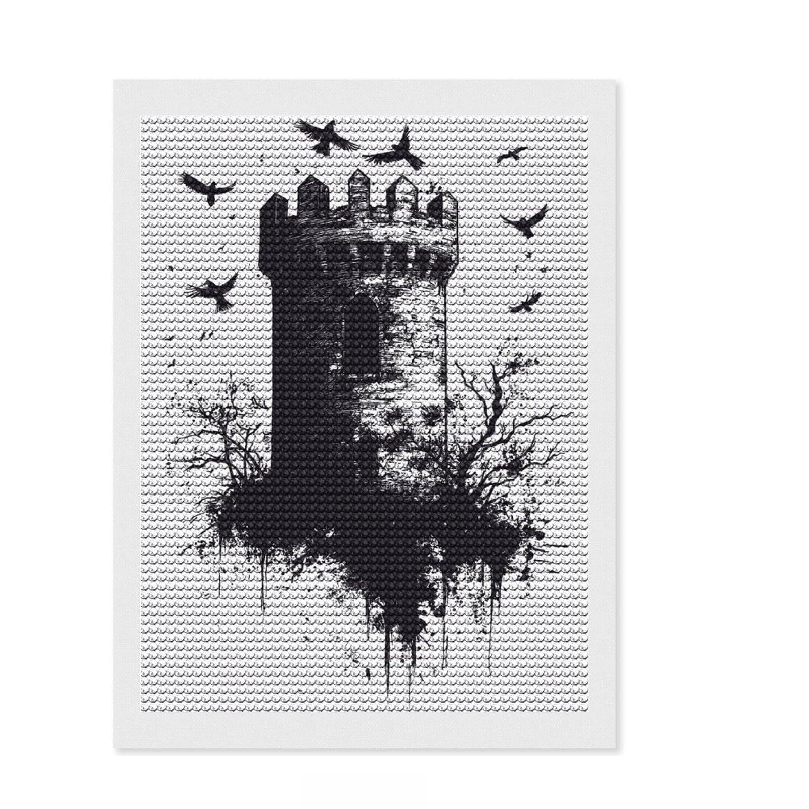 Junmoney Gothic Tower with Crows Diamond Painting Canvas Set 12"x16", for Teens, Pleasing Wall Art Project, Cosy Home Accent, Birthday Gift