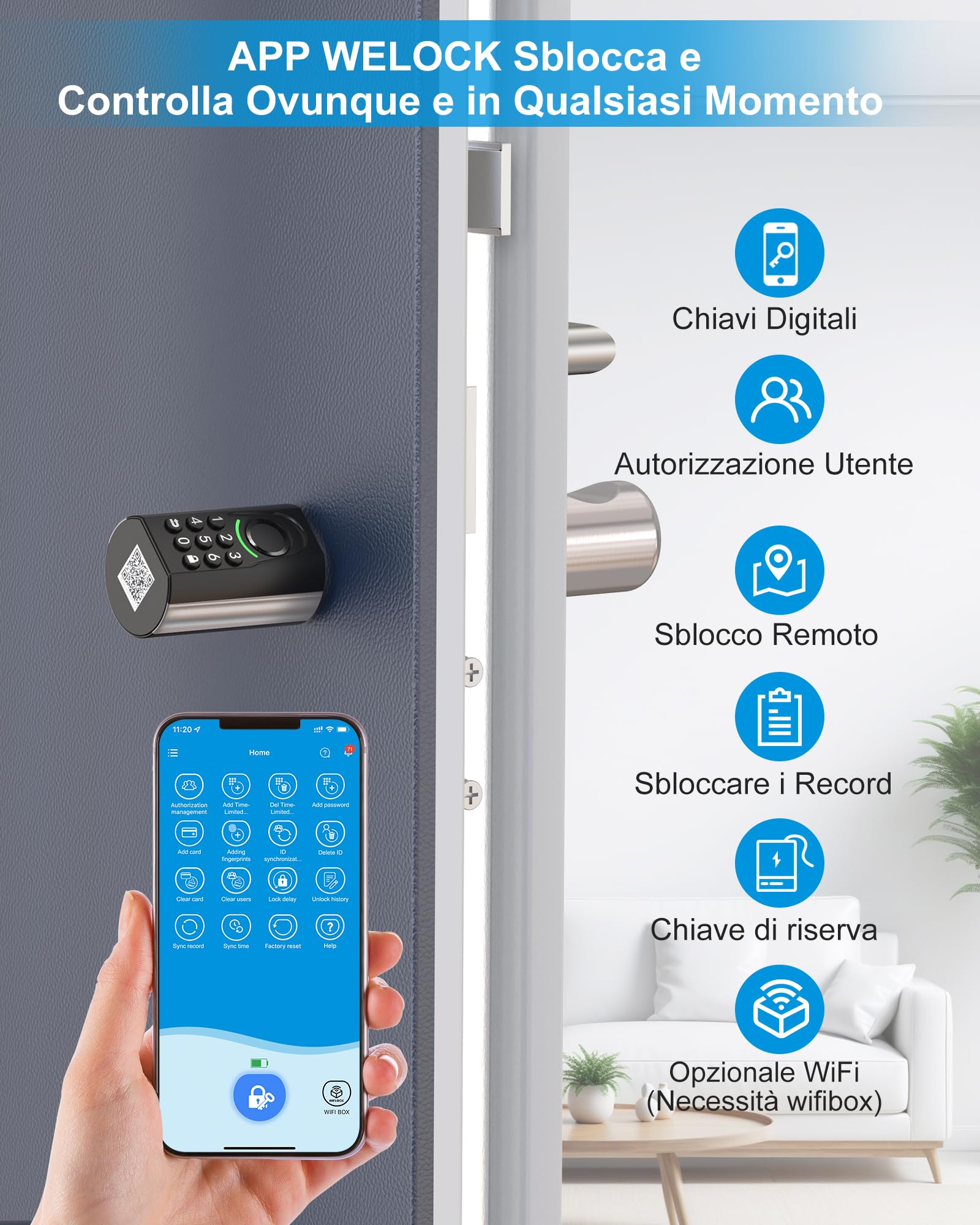 WELOCK ToucA71 Serratura Smart Porta Blindata,Serratura Impronta Digitale con Password,Carta RFID,APP e WiFi,serratura porta blindata Facile Installazione,Cilindro per porte da 60-90mm,Smart Lock IP65