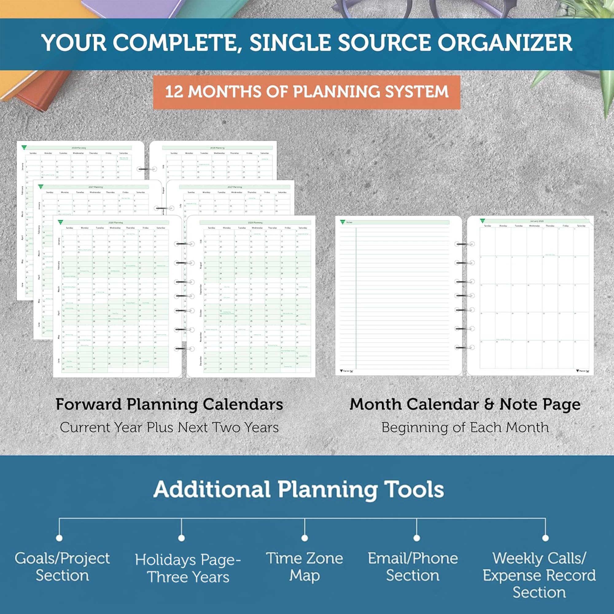 Planner Pad Trichter mit 7 Löchern, 3-stöckig, 12 Monate, Oktober 2026 – September 2027, weiche grüne Tinte, 17,5 x 21,6 cm