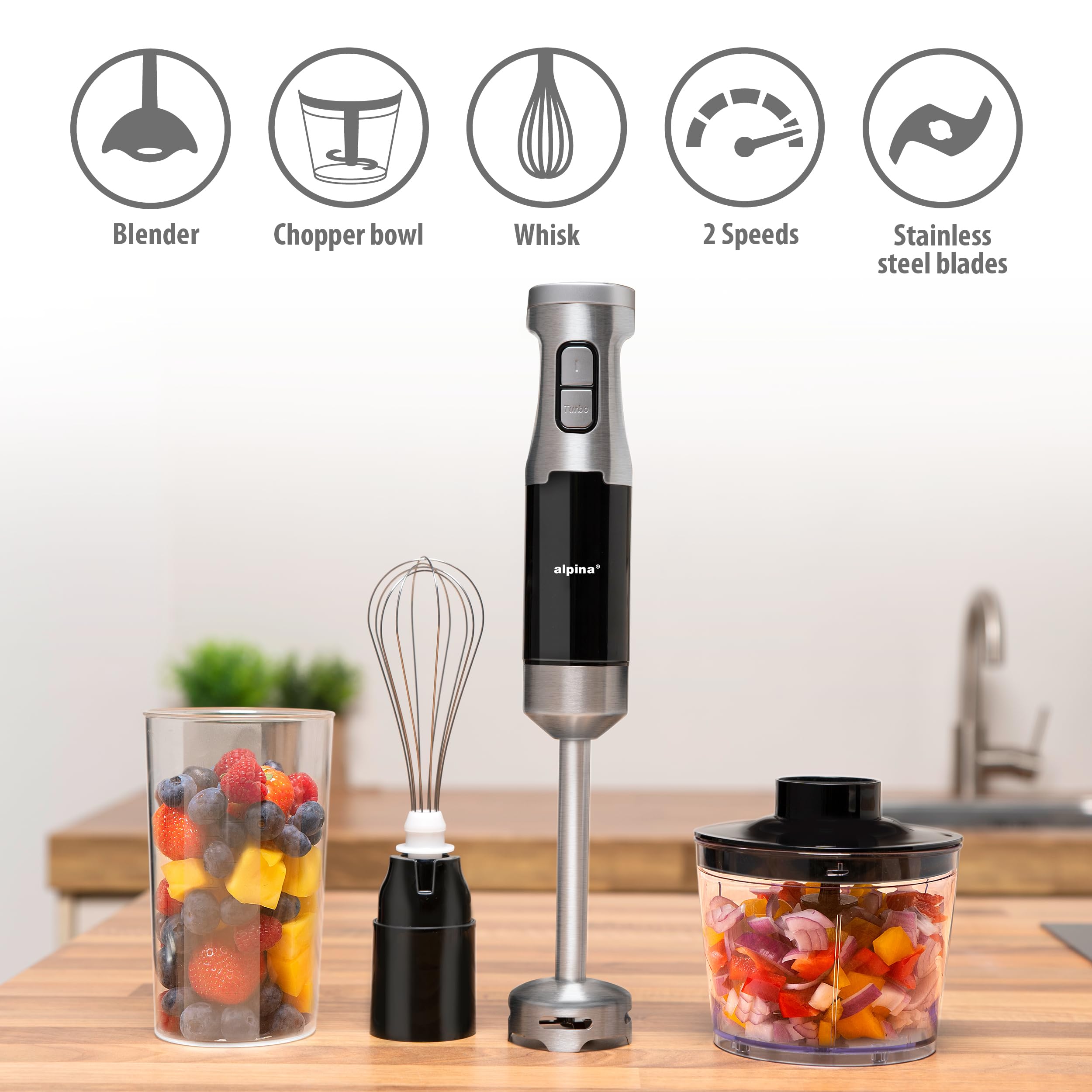 alpina Batidora de Mano con Accesorios HB6700F-N - Picadora - Batidora - Batidora - 1000 W - Incl. Vaso Medidor 700ML - Batidora 4 en 1 - Sin BPA - Acero Inoxidable