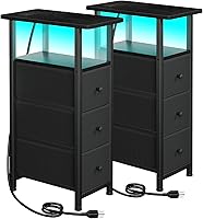 Vista 1 de Narrow End Tables Living Room Set of 2 with Charging Station, Skinny Side Table with Fabric Drawers, Slim LED Nightstand for Bedroom, Small Spaces