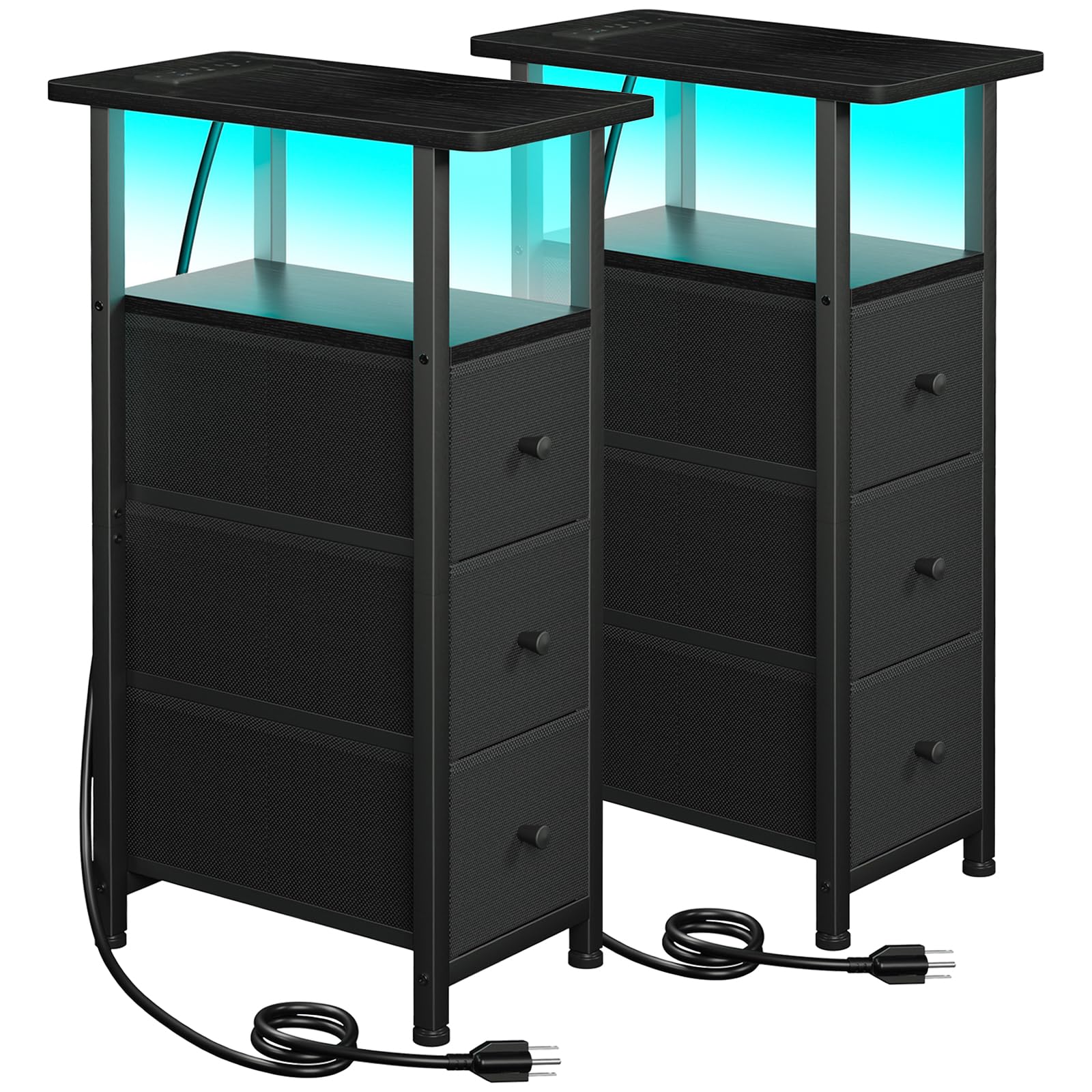 LOAKEKEL Narrow End Tables Living Room Set of 2 with Charging Station, Skinny Side Table with Fabric Drawers, Slim LED Nightstand for Bedroom, Small