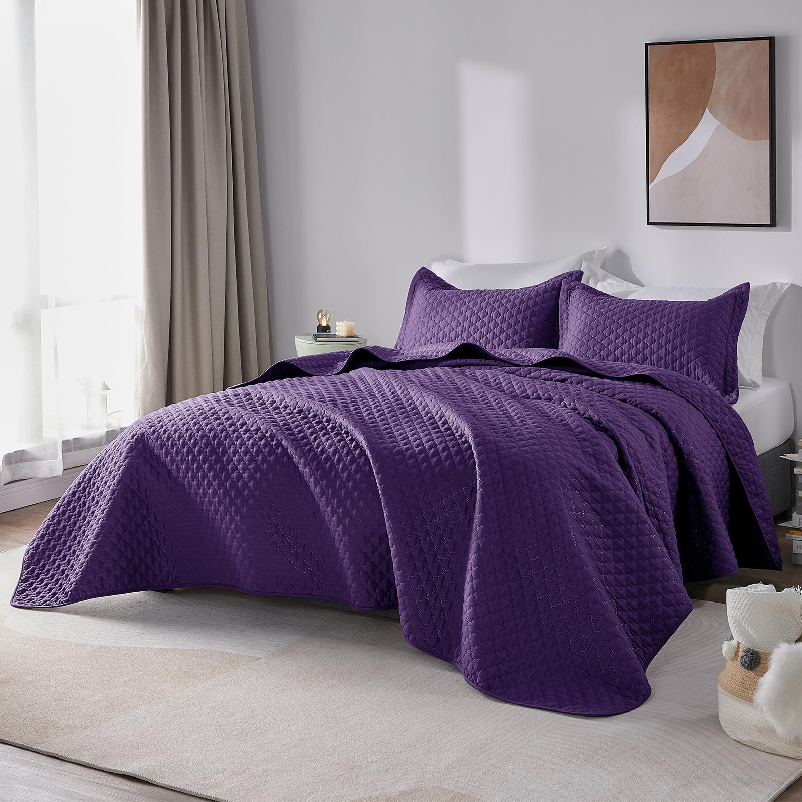 CozyLux Quilt Set Queen/Full Size Purple 3 Pieces - Lightweight Soft Bedspread - Lantern Ogee Pattern Coverlet Bedding Set for All Season - 1 Quilt and 2 Pillow Shams - Purple, 90"x96"