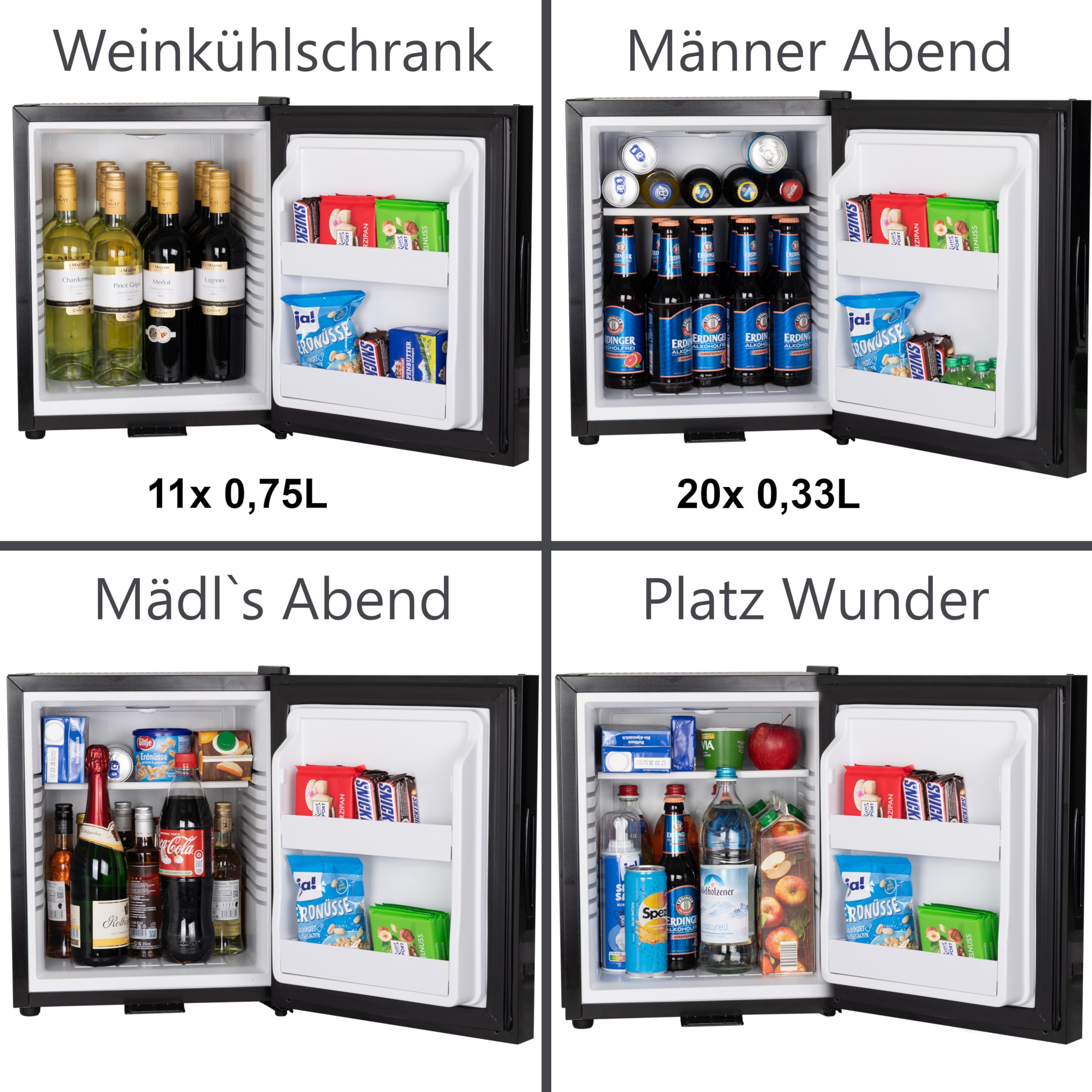 30 Liter Mini Kühlschrank LAUTLOS Minikühlschrank mit Schloss, Minibar abschließbar geräuschlos, Türanschlag wechselbar, ca. 4°-14°C Höhe 48cm, Weinkühlschrank für 11 Flaschen Temperatureinstellung