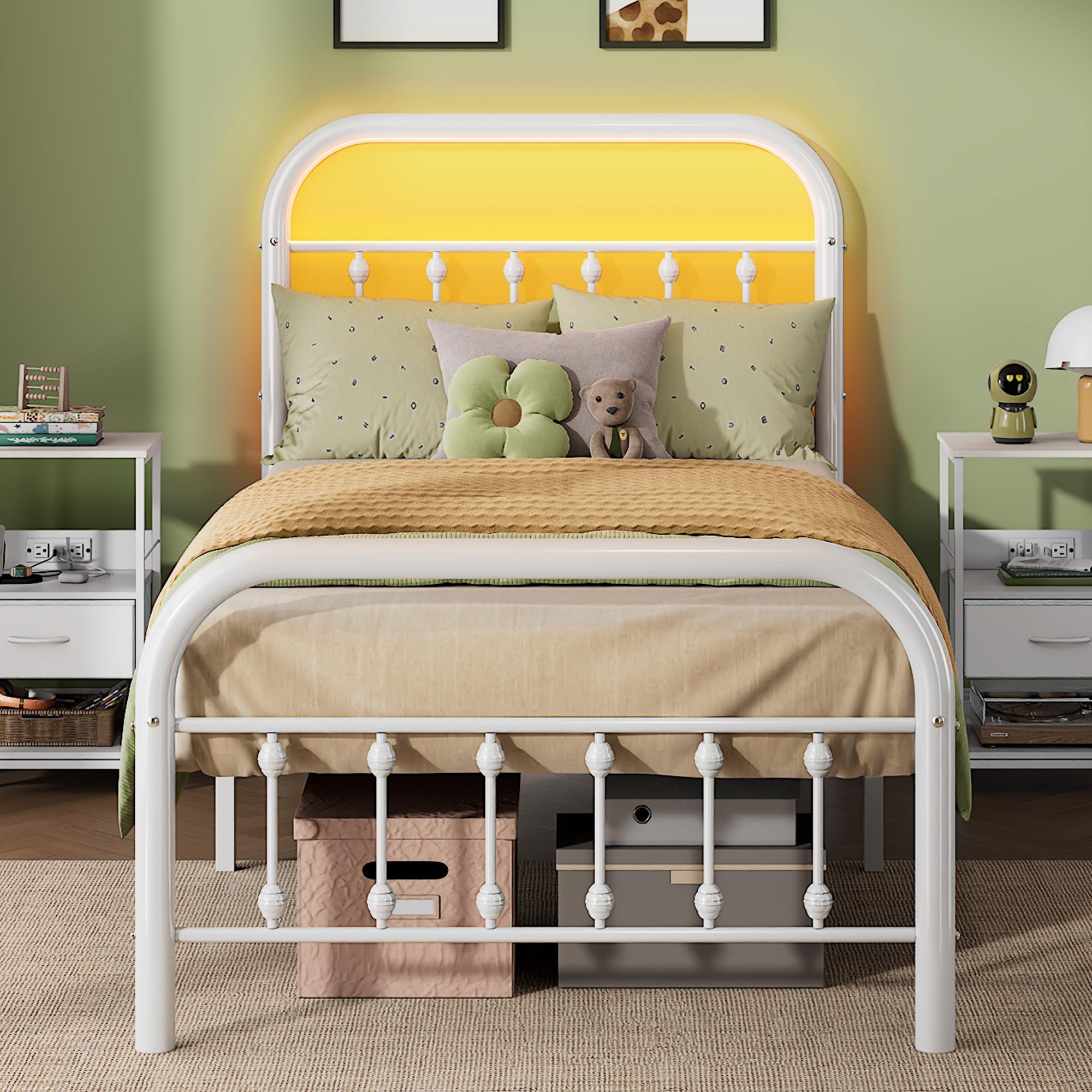 wlive metal platform bed frame, twin bed frames with headboard, bed frame with led lights and charging station, 600lbs mattress foundation, under bed storage, no box spring needed, white