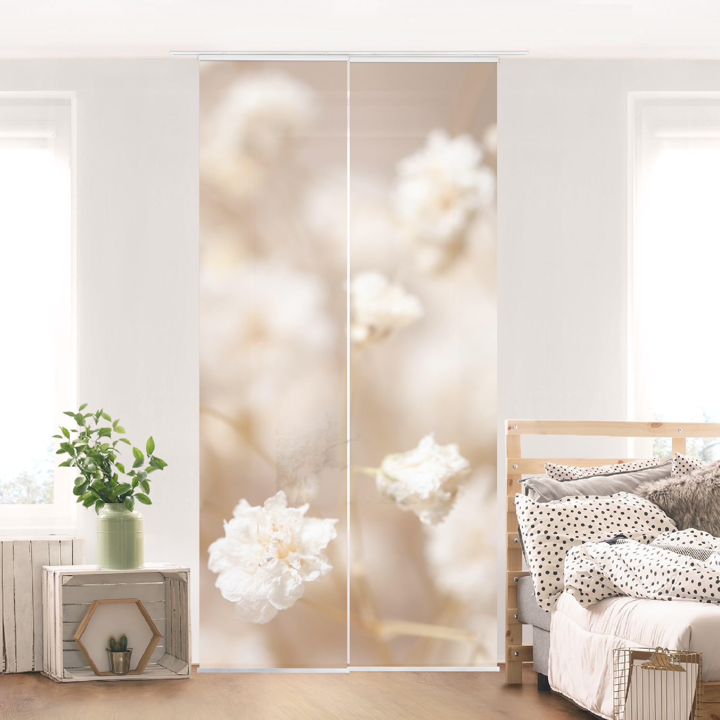 Schiebegardine halbtransparent 60er Paneel Klett Blumen Textil lichtdurchlässig - Blumenwiese Landhaus Flächenvorhang beige Wohnzimmer Schlafzimmer 2280 (120x250 cm - 2er Set)