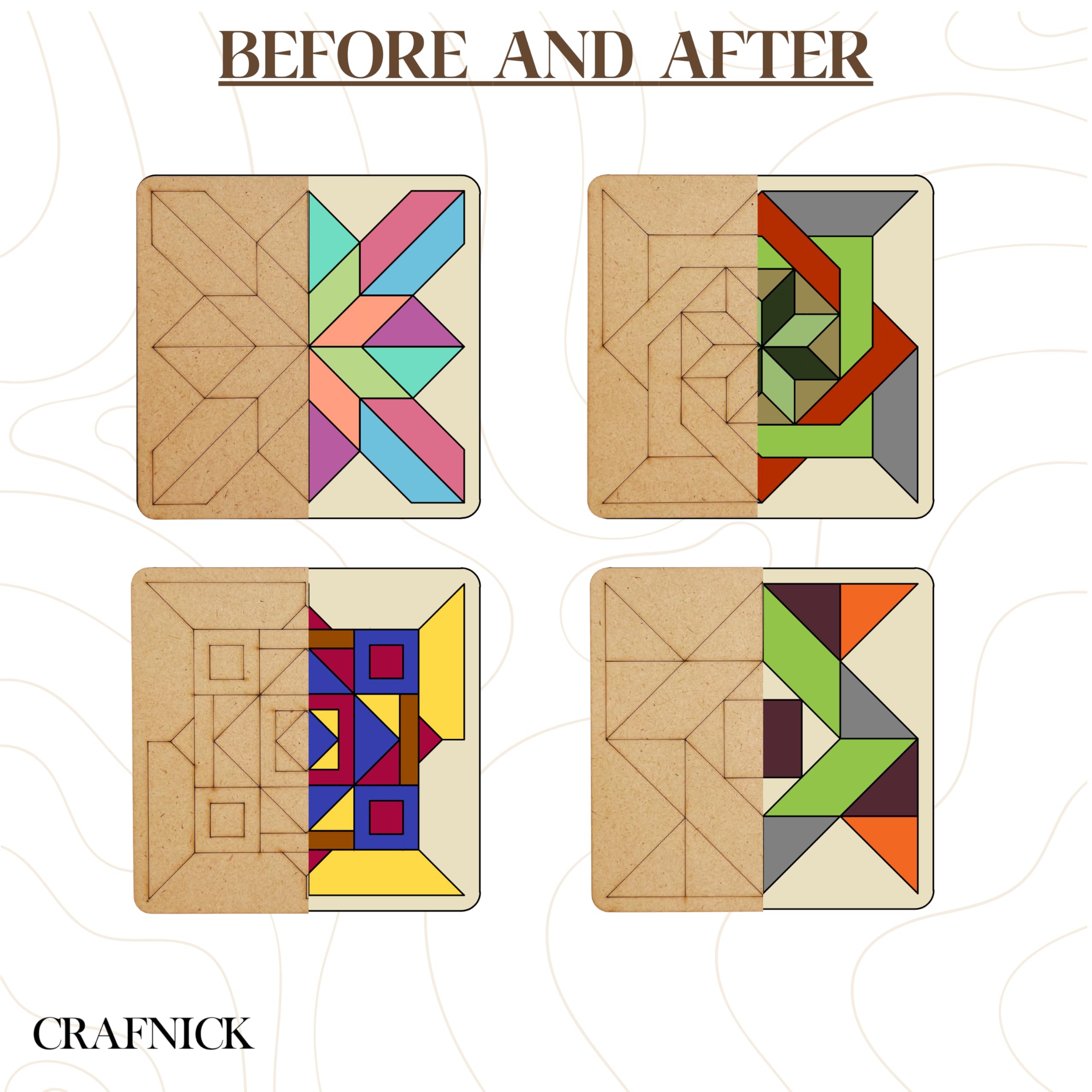 CRAFNICK® Premarked MDF Boards for Art and Craft | Set of 8-4 Inch - 2.5 Mm | Premarked Mandala Board Coasters | Canvas for Kids | MDF Cutouts for Painting, Lippan Art DIY Kit for Kids (Round Square) 1