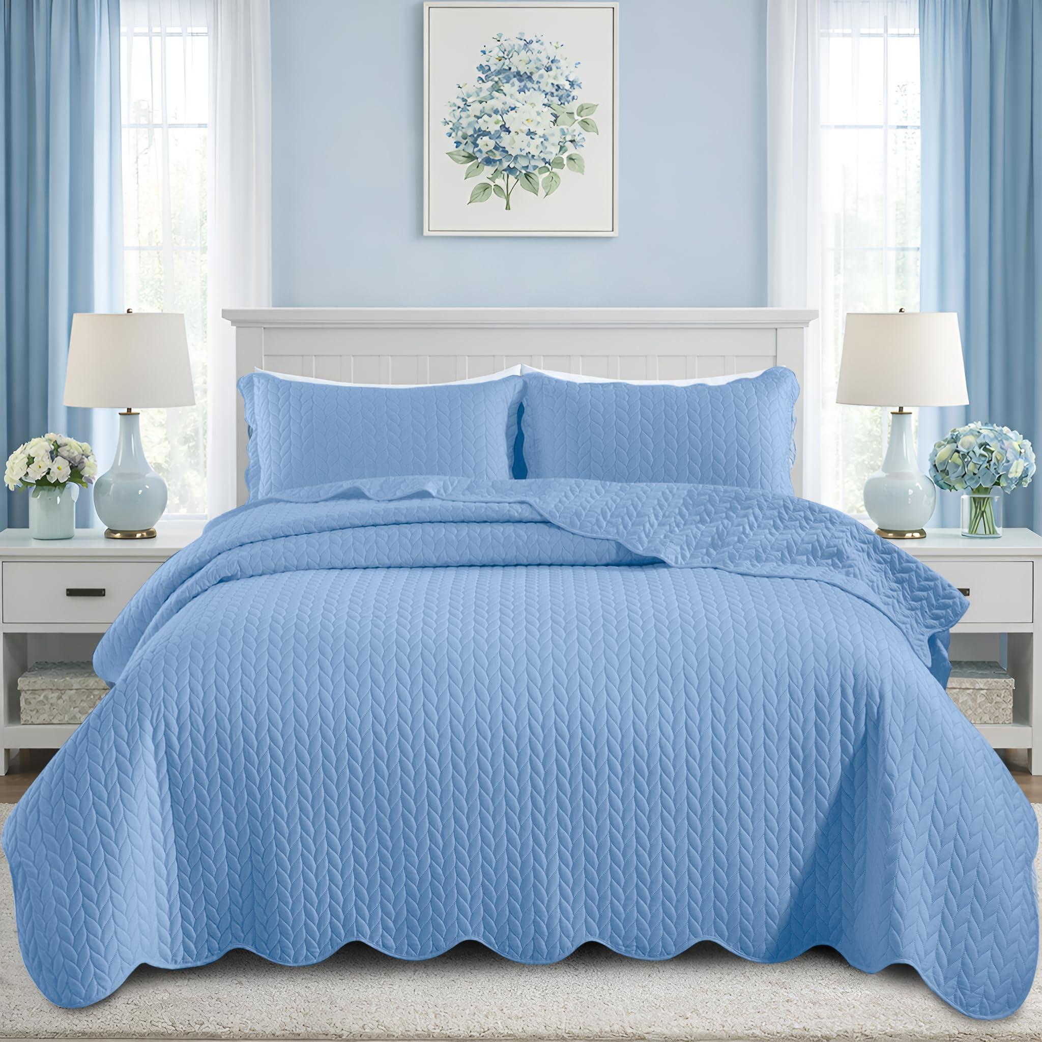 Twin Quilt Set Bedspread Coverlet Microfiber Bedding Leaf Light Blue 68x86