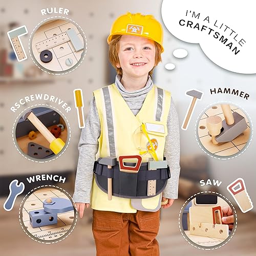 Miniatura 3 de Banco de trabajo de juguete de madera de lujo para niños, juego de herramientas de 69 piezas con juego de herramientas de juego, espacio de