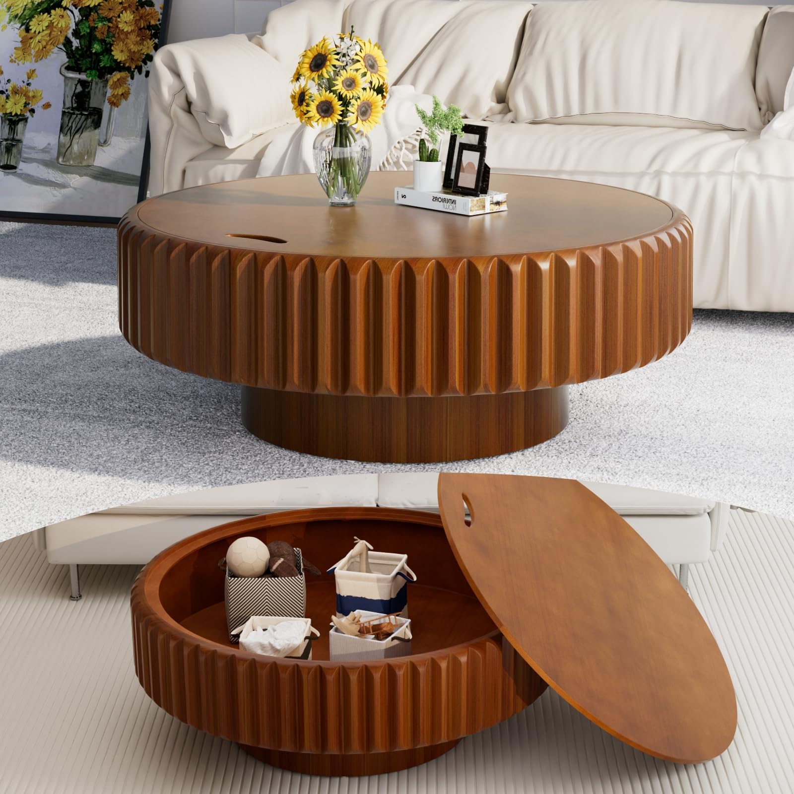 Tavolino rotondo con contenitore per soggiorno, moderno tavolino da caffè circolare scanalato con tavolini centrali circolari impiallacciati in legno per piccoli appartamenti,A31.5in
