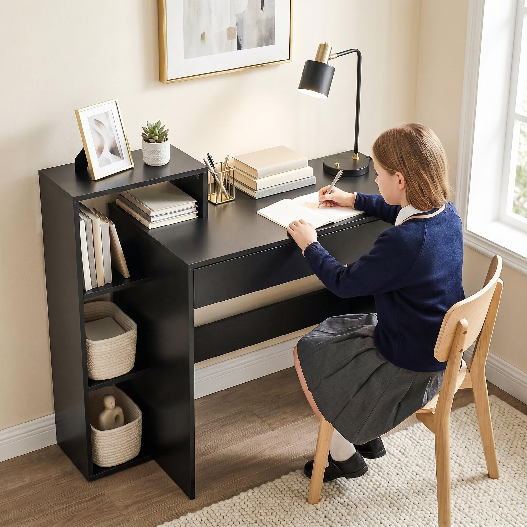HOMCOM Escritorio con Almacenamiento, Escritorio PC, 100x40x90 cm, Negro | con 3 estantes, cajón, estación de trabajo, Escritorio de computadora para teletrabajo, sala de estar