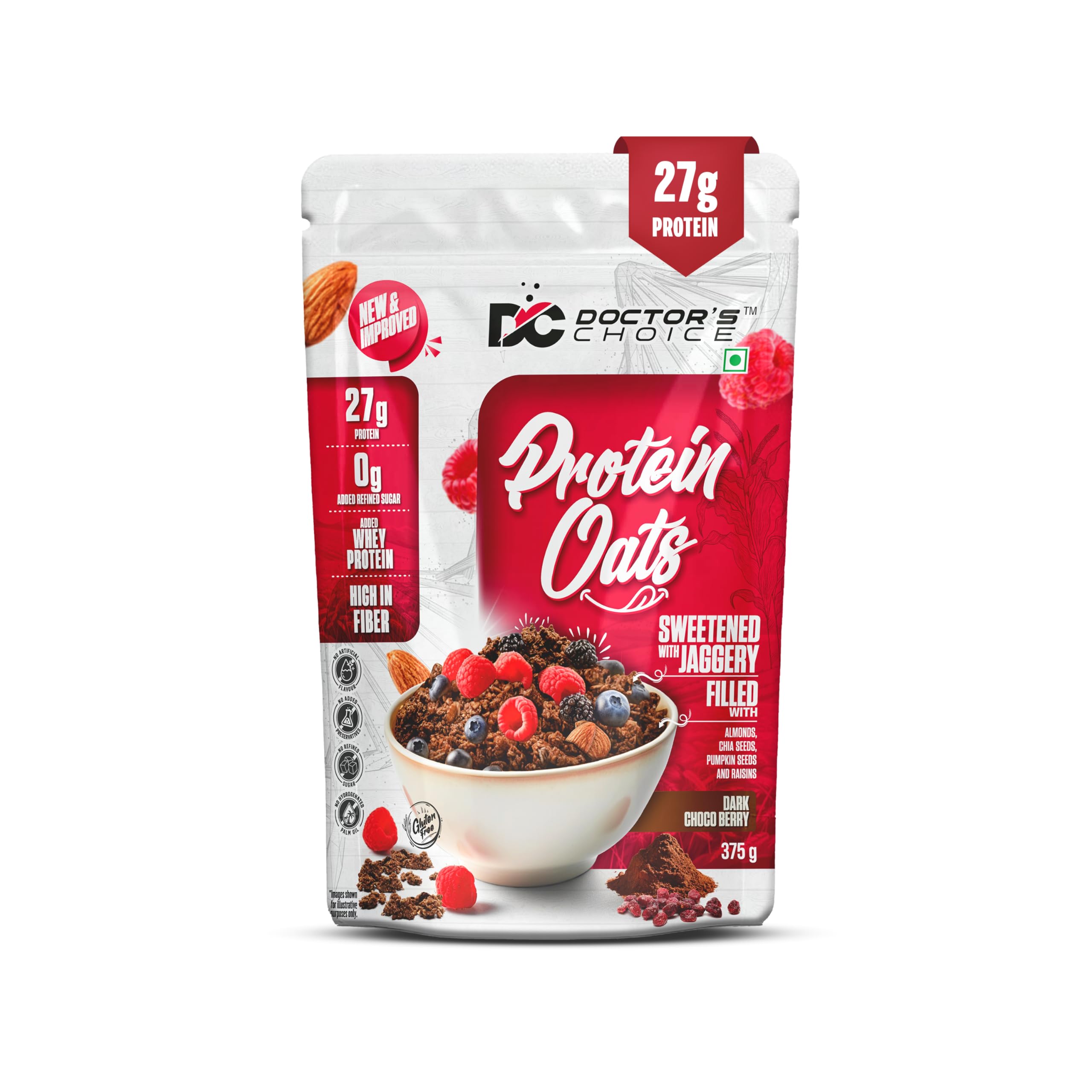 Oats, High Protein Oats, 27G Pure Protein Breakfast Cereals, Rich In Fiber, No Additives & No Refine Sugar. (375G, Dark Choco Berry)