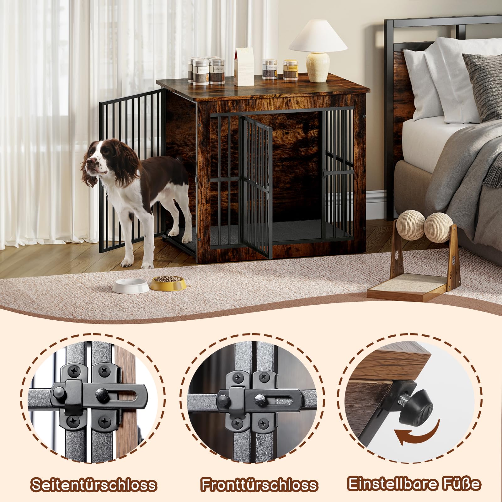 Hello-5ive Grande gabbia per cani mobile, gabbia per cani in legno con doppie porte, resistente cuccia per cani da interno con tappetino in peluche per cani di piccola e media, tavolino, 80,5 x 59 x