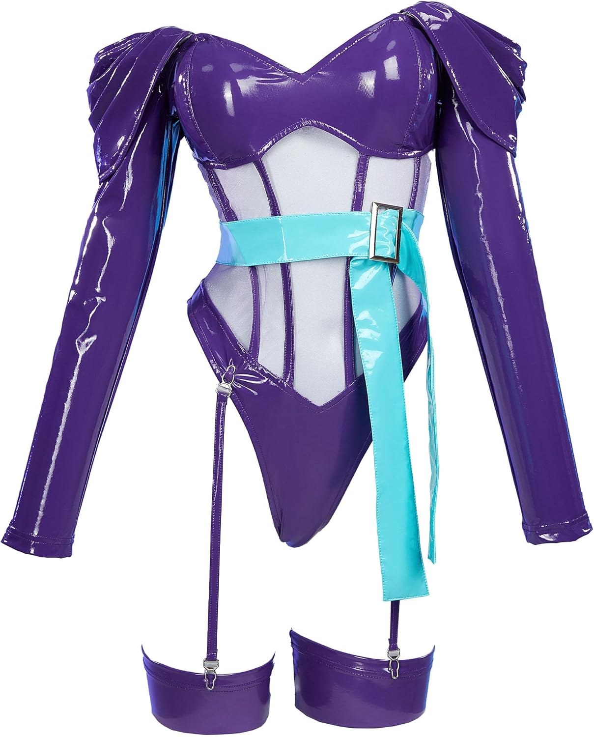 Mobbunny Women Anime Derivative Cosplay Costume Purple Sexy Leather Jumpsuit Cutout Lingerie Bodysuit with Belt